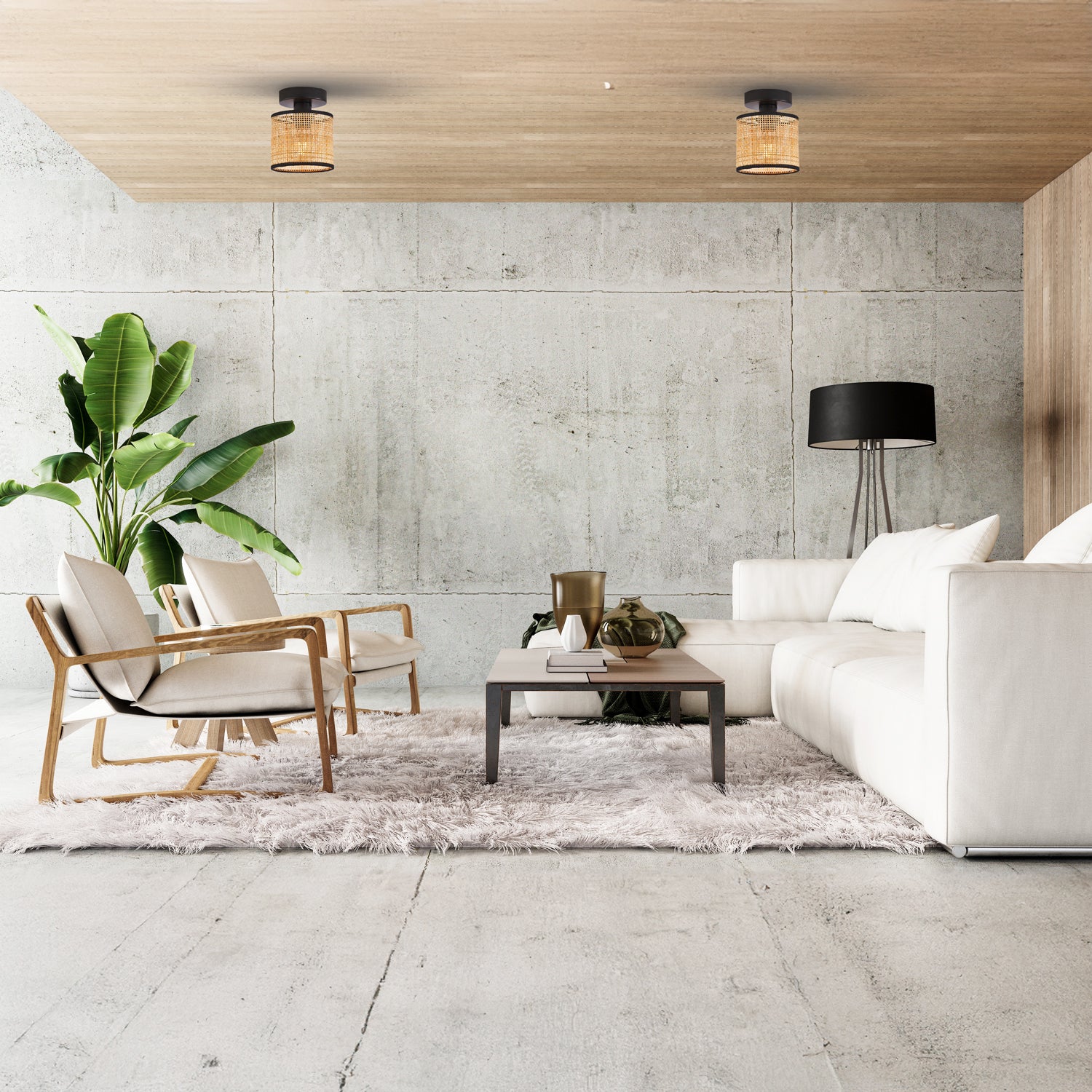 Natural Woven Rattan Ceiling Light Fitting with Black Cotton Fabric Trim Image 6