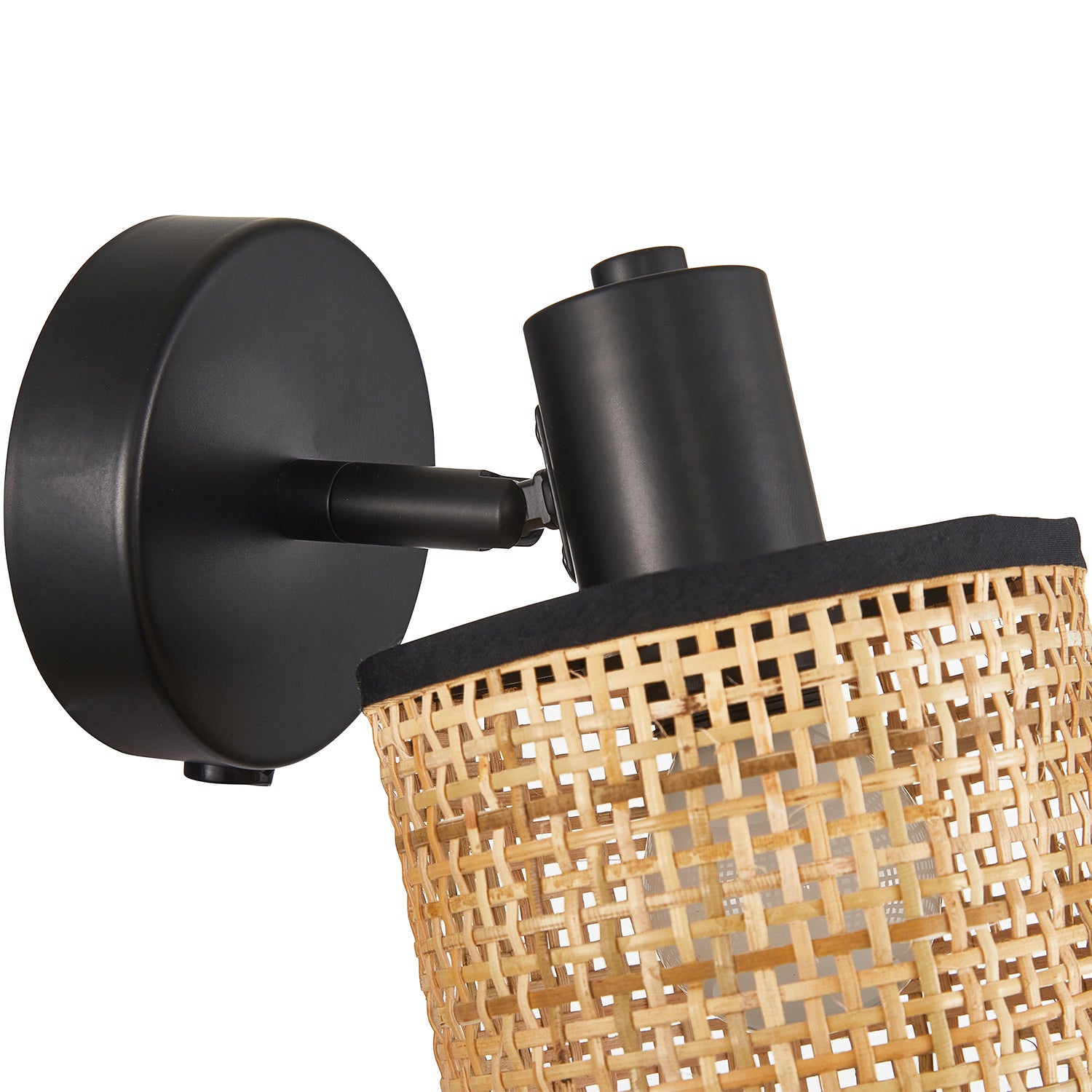 Natural Woven Rattan Switched Wall Light Fitting with Black Cotton Fabric Trim Image 3