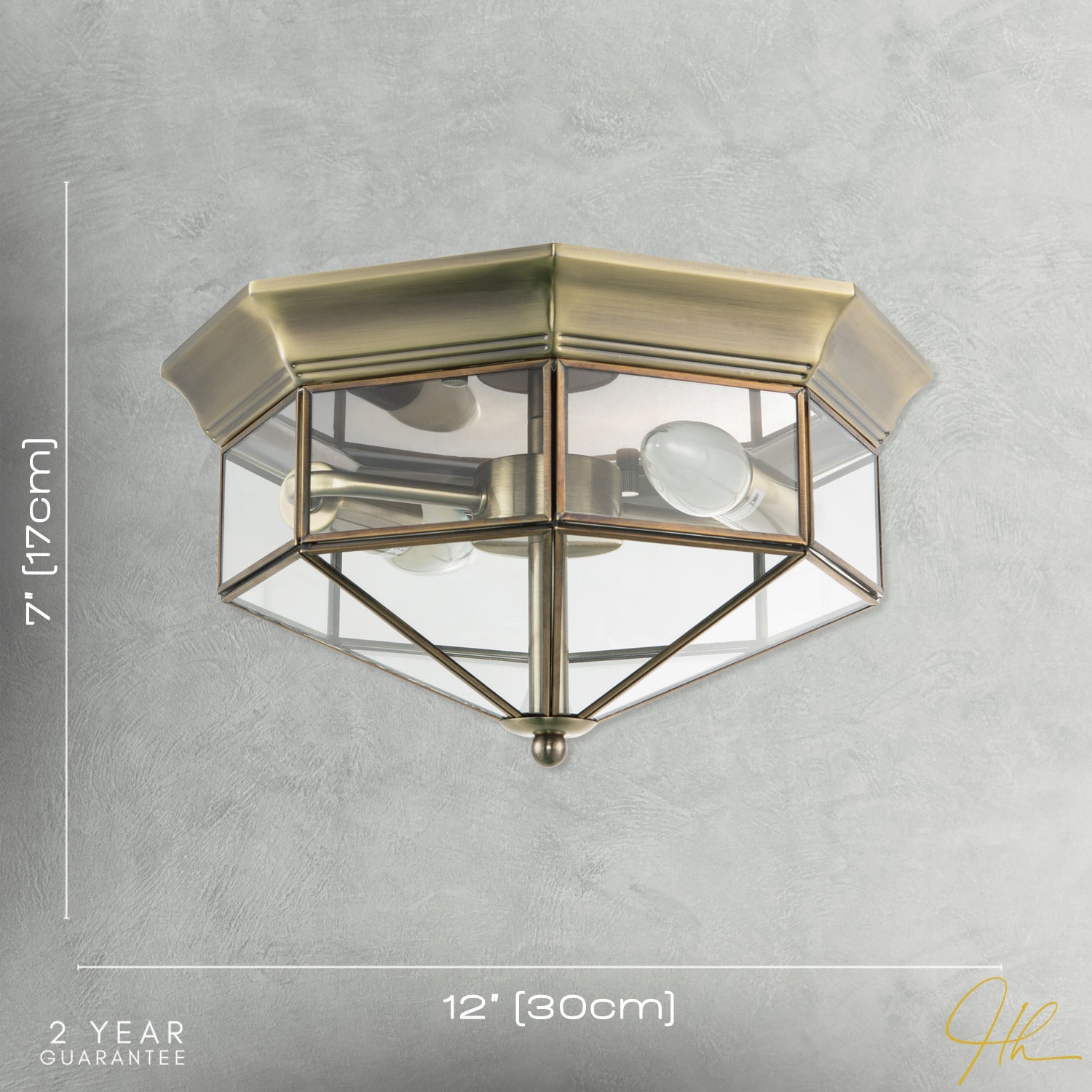 Classic Flush Ceiling Light in Antique Brass with Clear Glass Panels Image 7