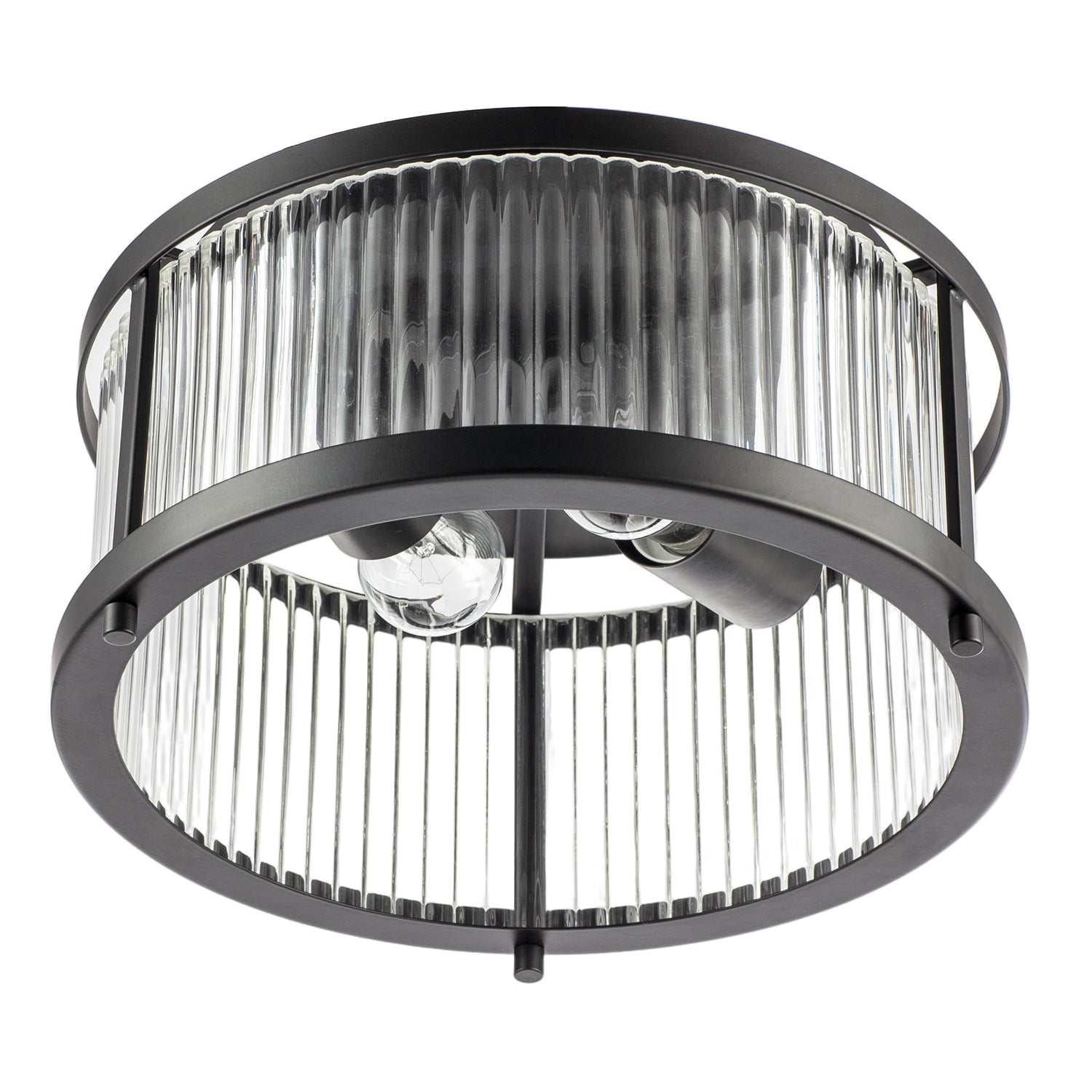Sleek Matte Black Flush Ceiling Light with Fluted Ribbed Clear Glass Image 1
