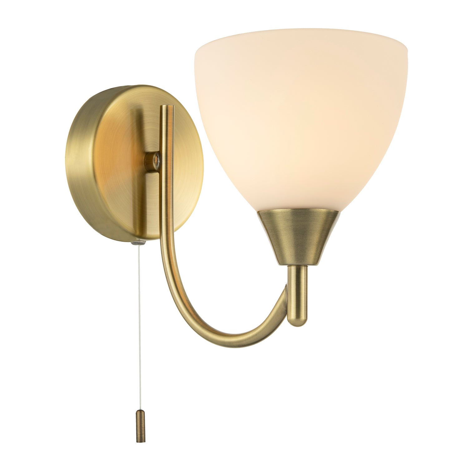 Contemporary Pull Switched Wall Light in Antique Brass with White Glass Shade Image 1