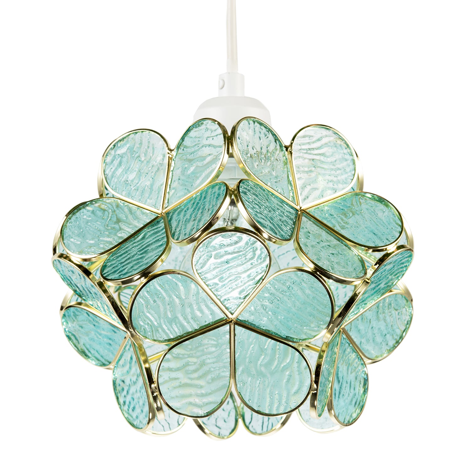Floral Petal Pendant Light Shade with Teal Glass and Shiny Gold Frame Image 1