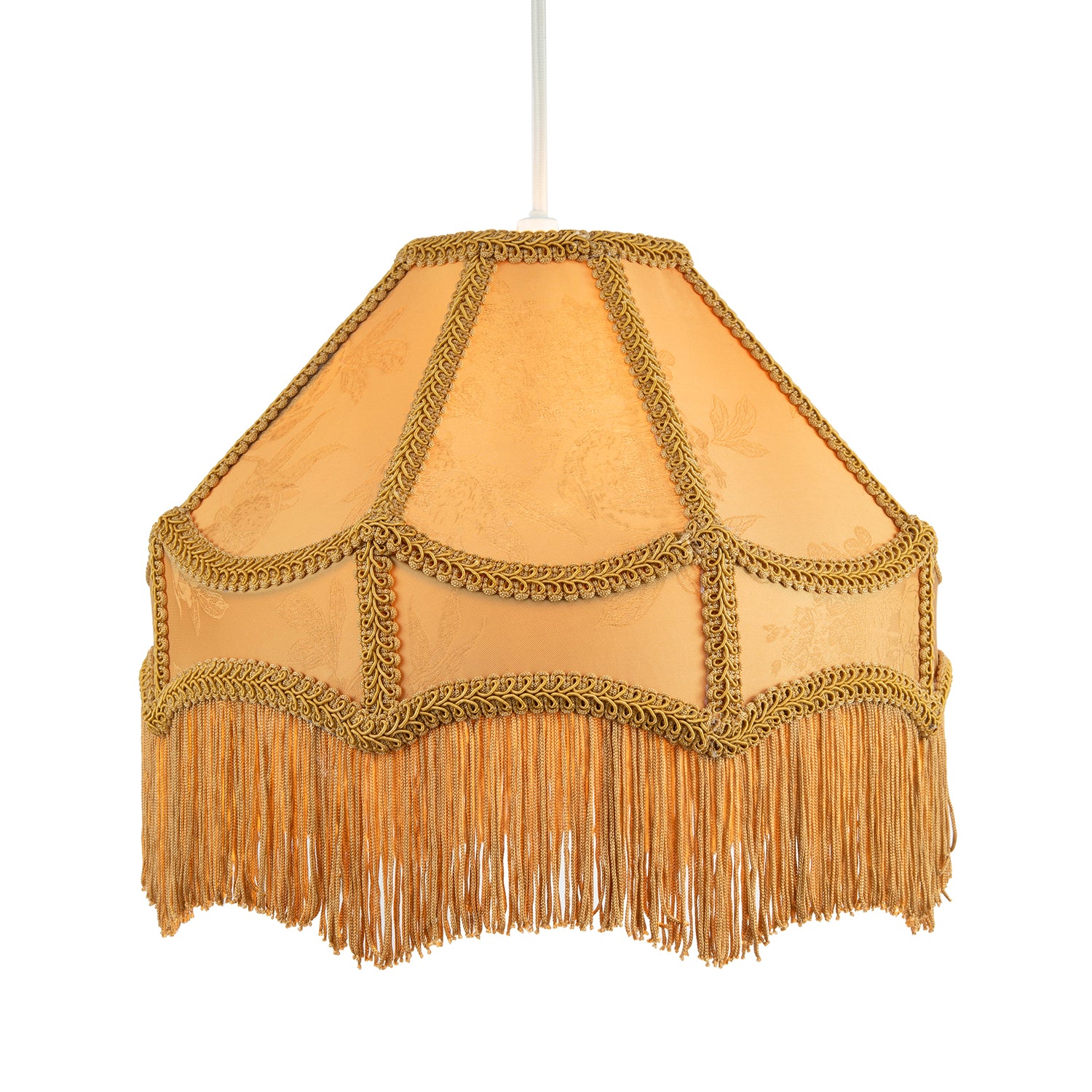Gold Faux Silk Victorian Lamp Shade with Textured Floral Decor and Long Tassels Image 2