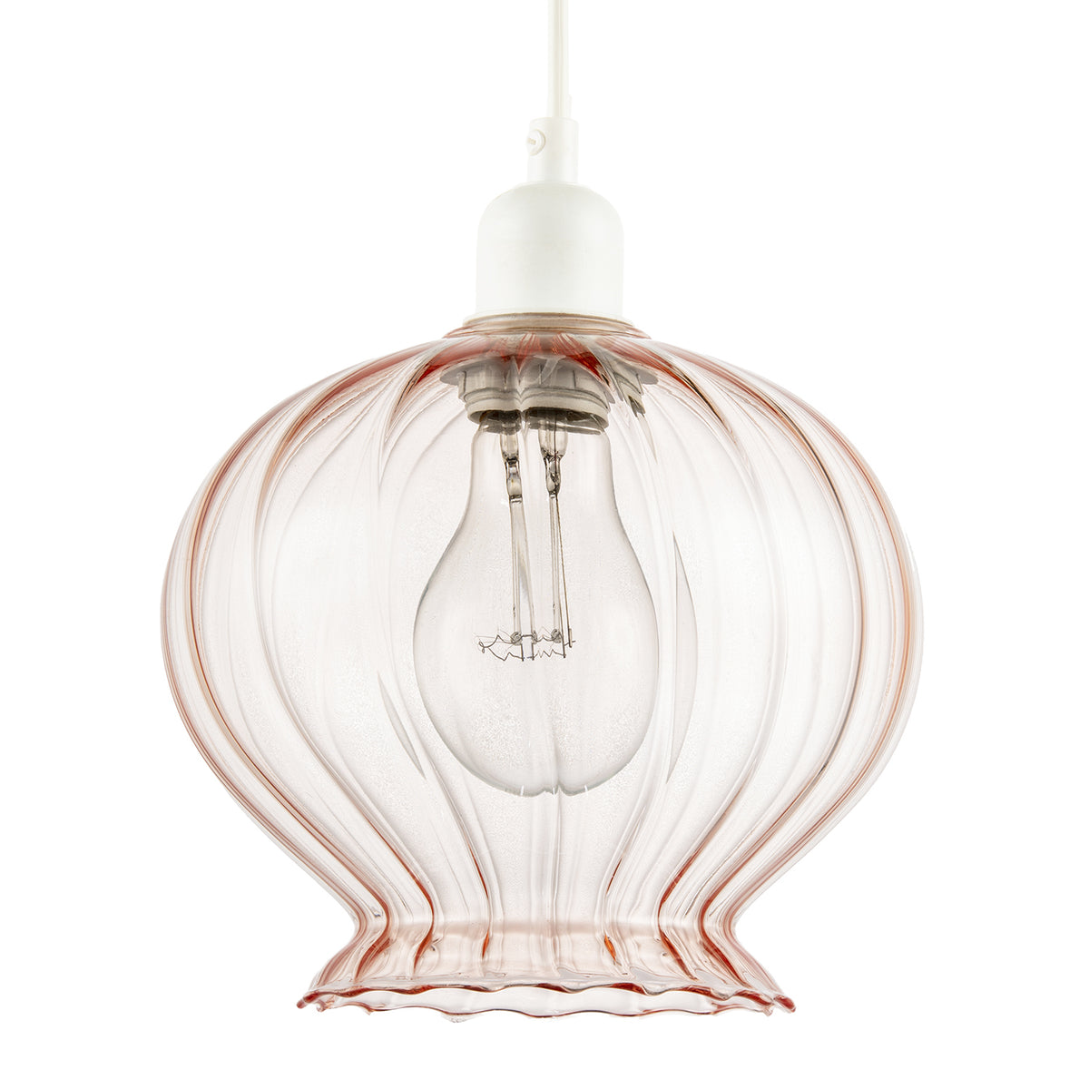Elegant Ribbed Blush Pink Glass Pendant Light Shade with Scalloped Rim Image 1