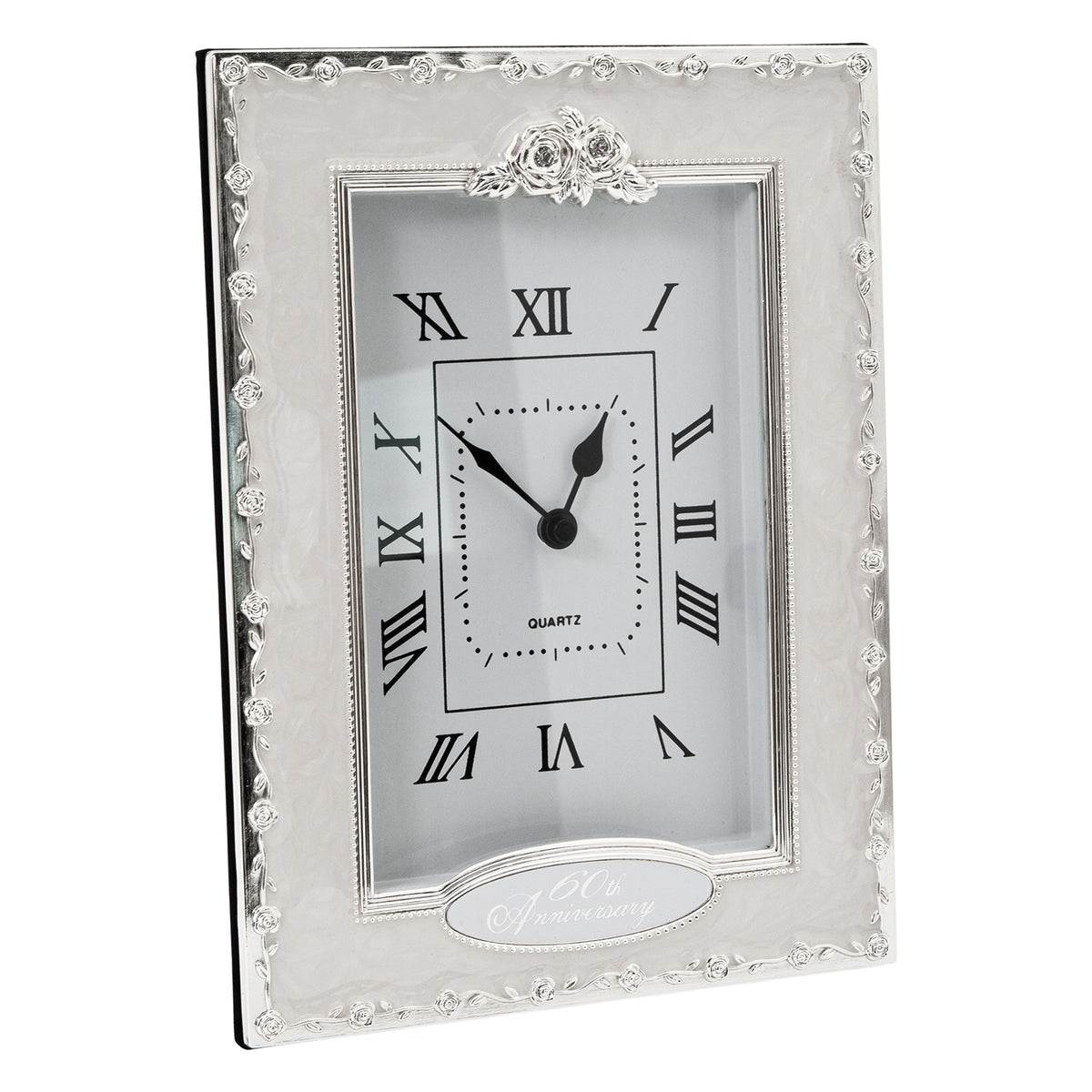60th Anniversary Clock in White Epoxy with Silver Plated Metal Roses Image 2