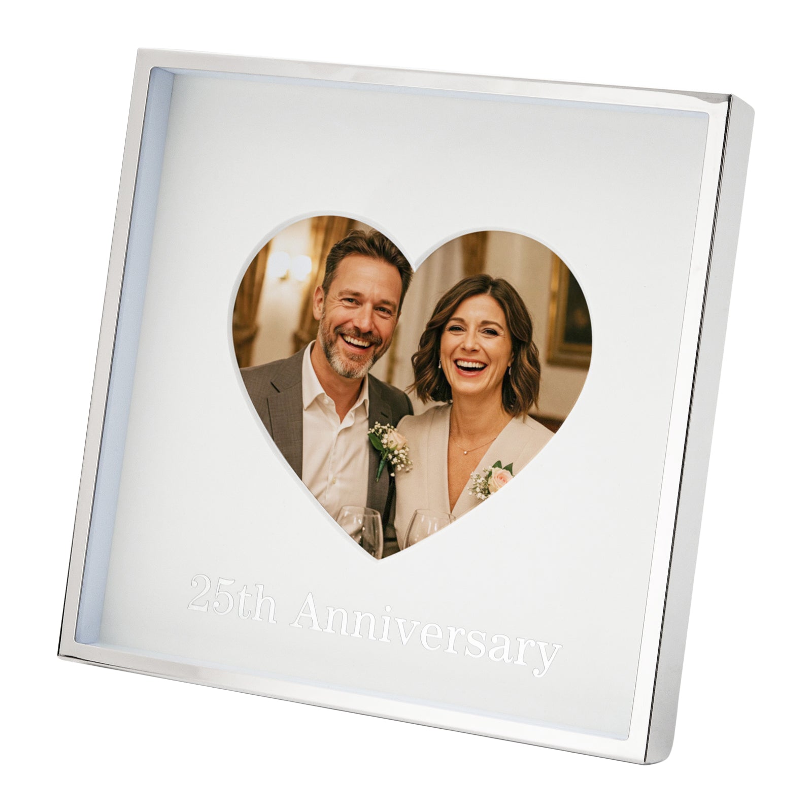 25th Anniversary Heart Frame for 4x4 Picture in Nickel Plated with Silver Foil Image 2