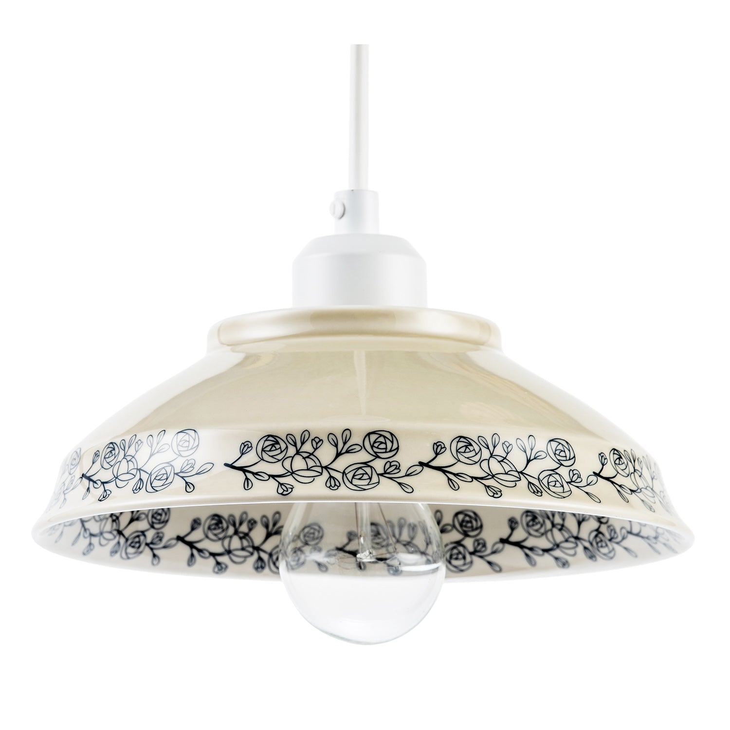 Cream Gloss Ceramic Pendant Light Shade with Navy Blue Floral Design Image 1