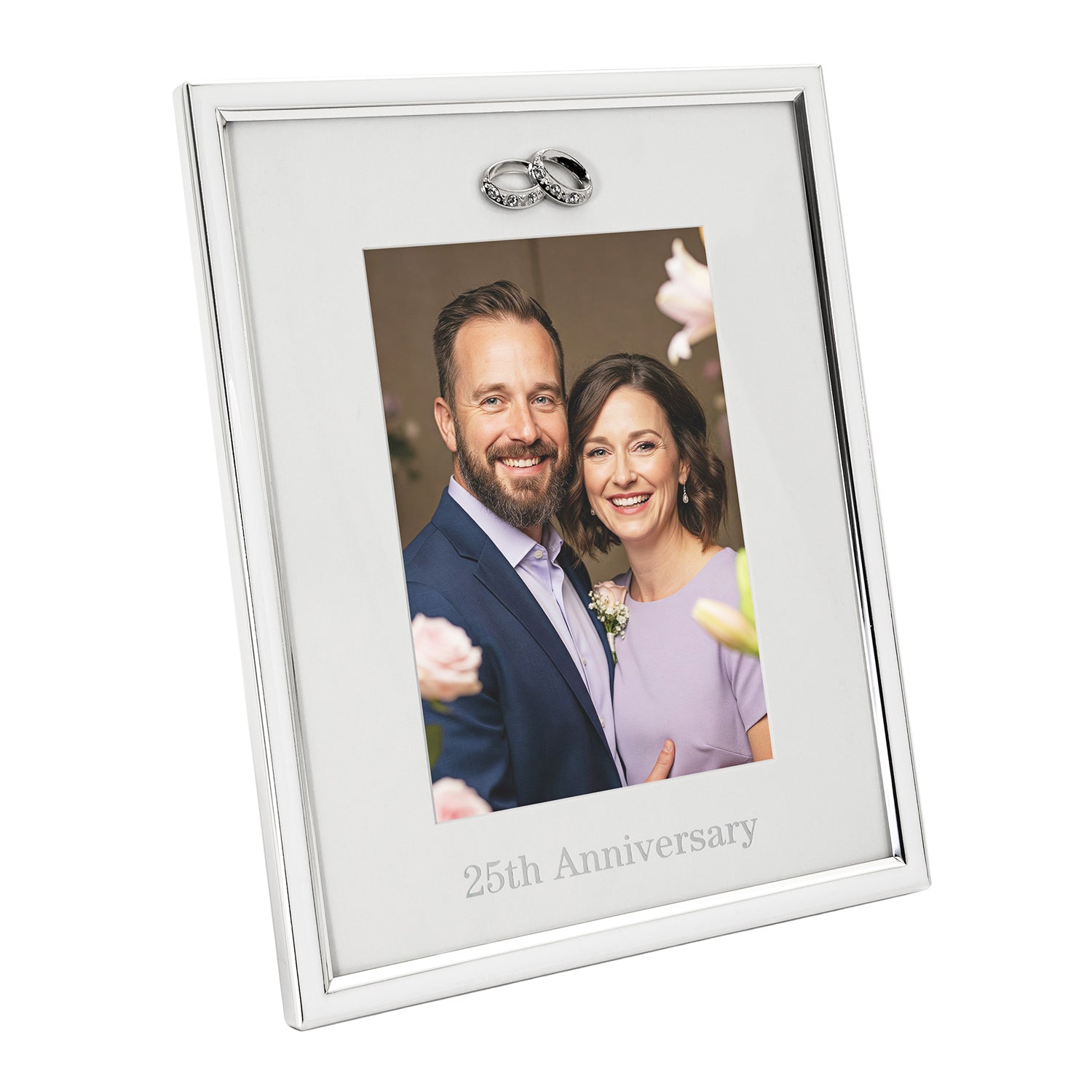 25th Anniversary Silver Plated 5x7 Picture Frame with Double Diamante Rings Image 2