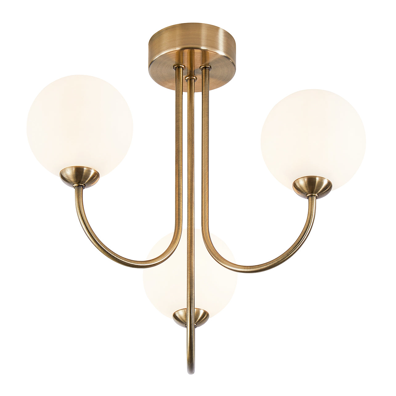 Modern Designer Antique Brass Ceiling Light with Opal White Globe Glass Shades Image 1