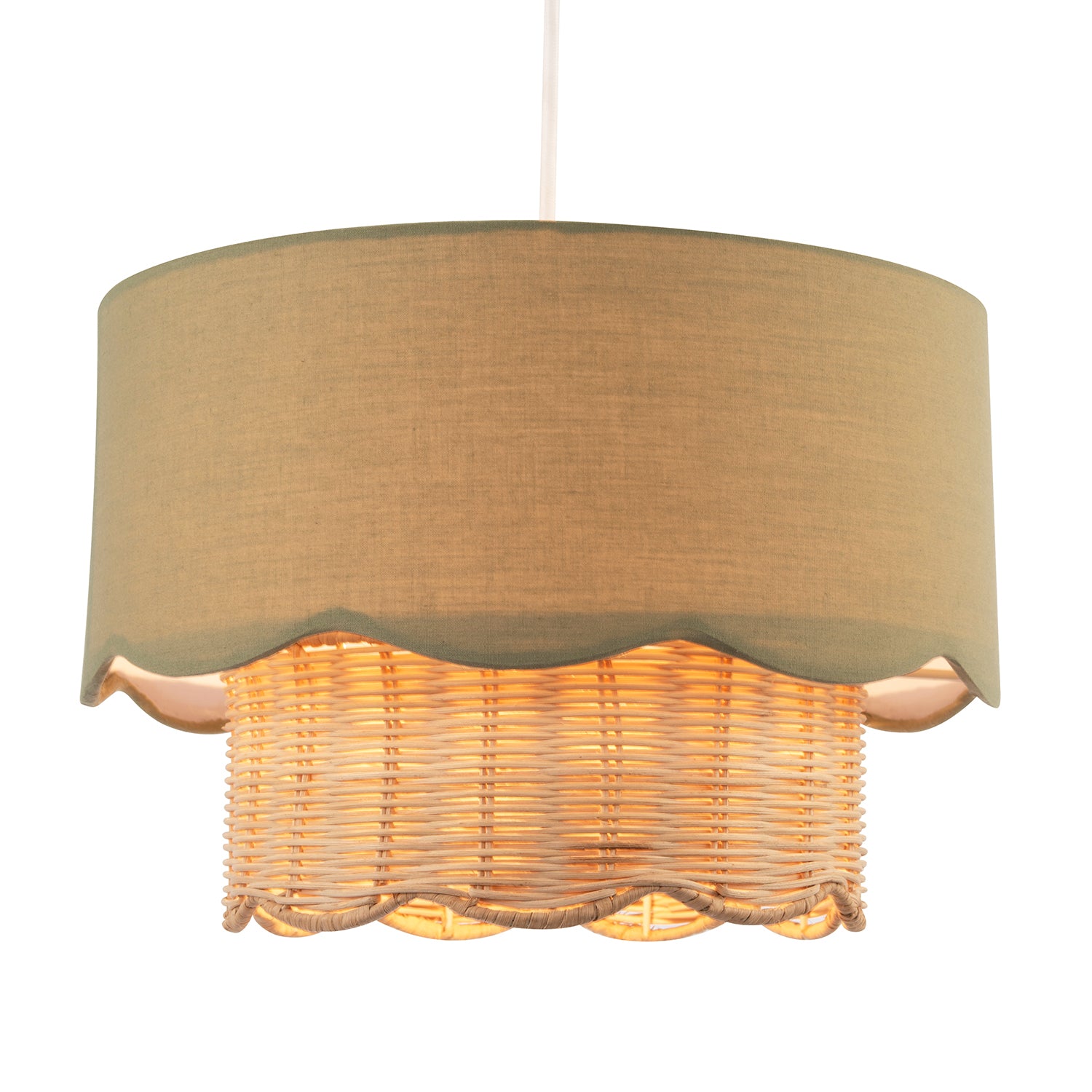 Dark Olive Linen Fabric and Natural Rattan Scallop Pendant Lamp Shade Image 2