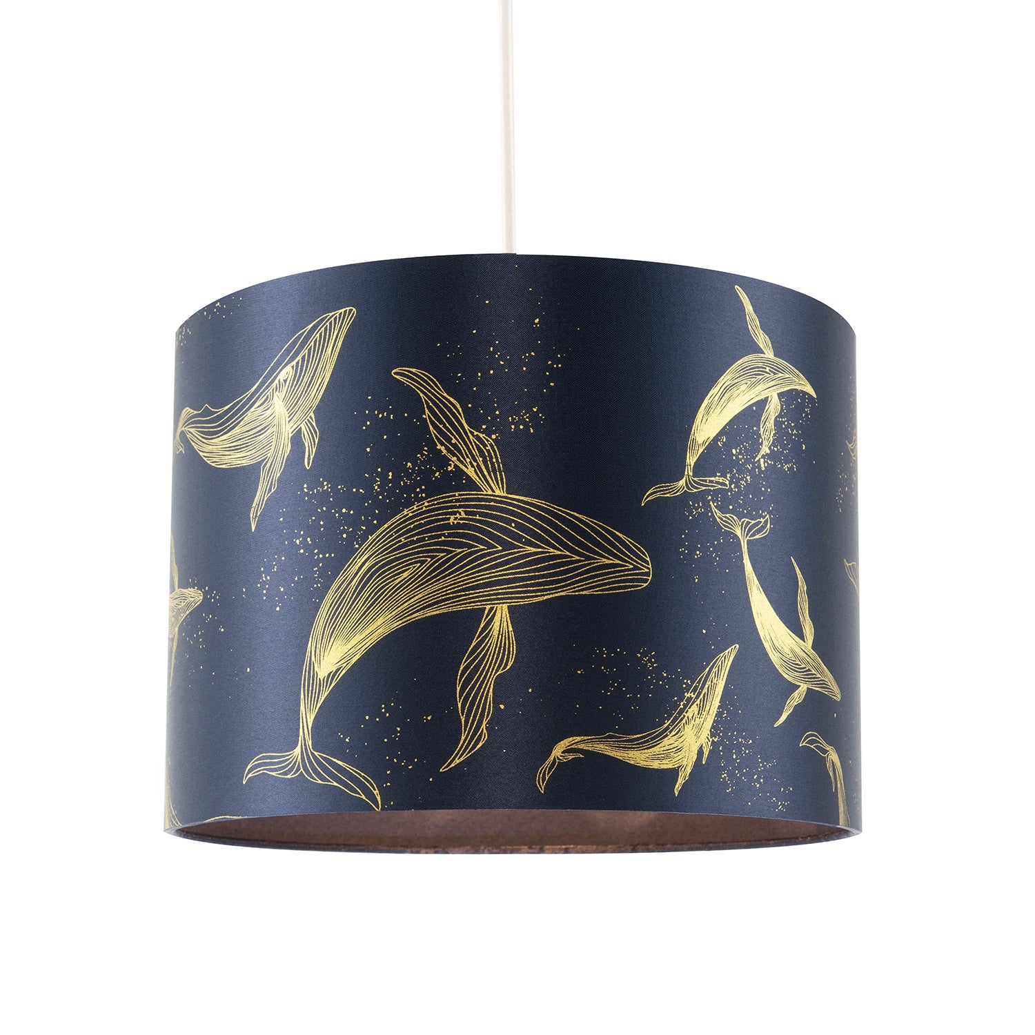 Whale Themed Lamp Shade in Midnight Blue Fabric with Vivid Gold Lines Image 2