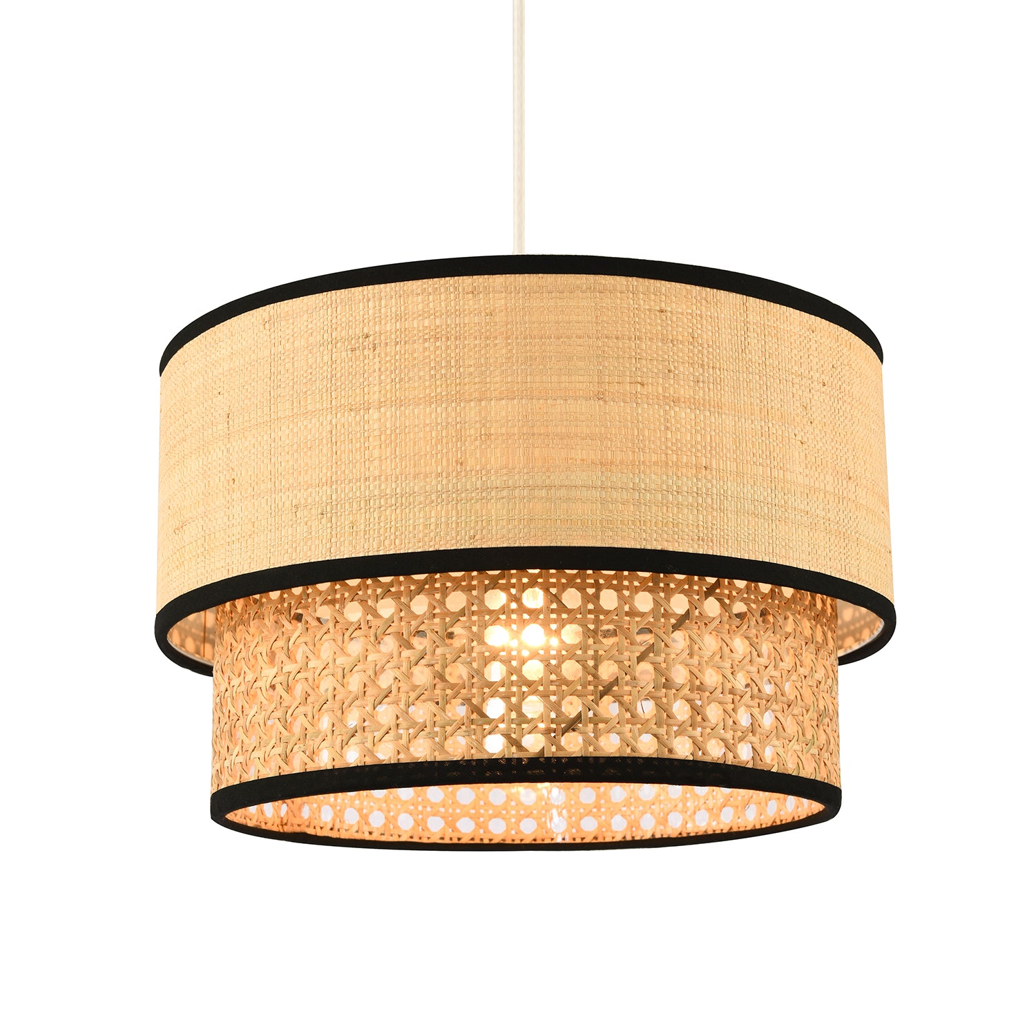 Modern Double Tier Real Natural Rattan Pendant Shade with Black Trims Image 1