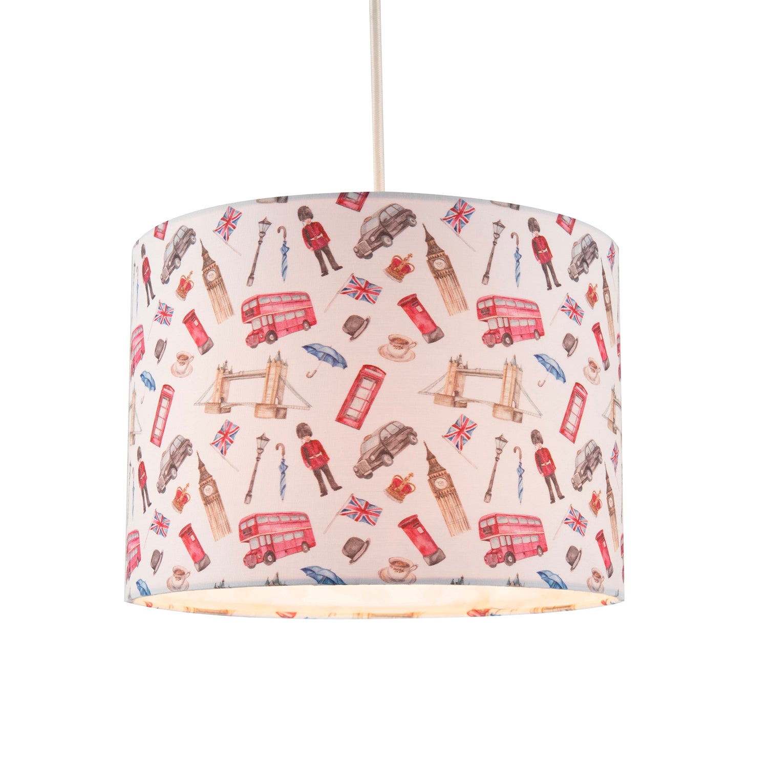 London Themed Cotton Lamp Shade with Red Buses Post Boxes Black Taxis Image 2