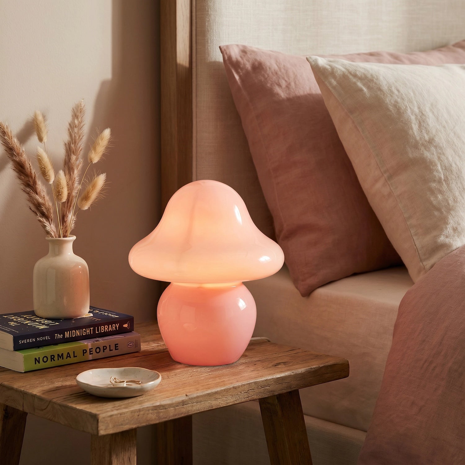 Soft Blush Pink Mushroom Table Lamp with Curvy Head and Round Base Image 6