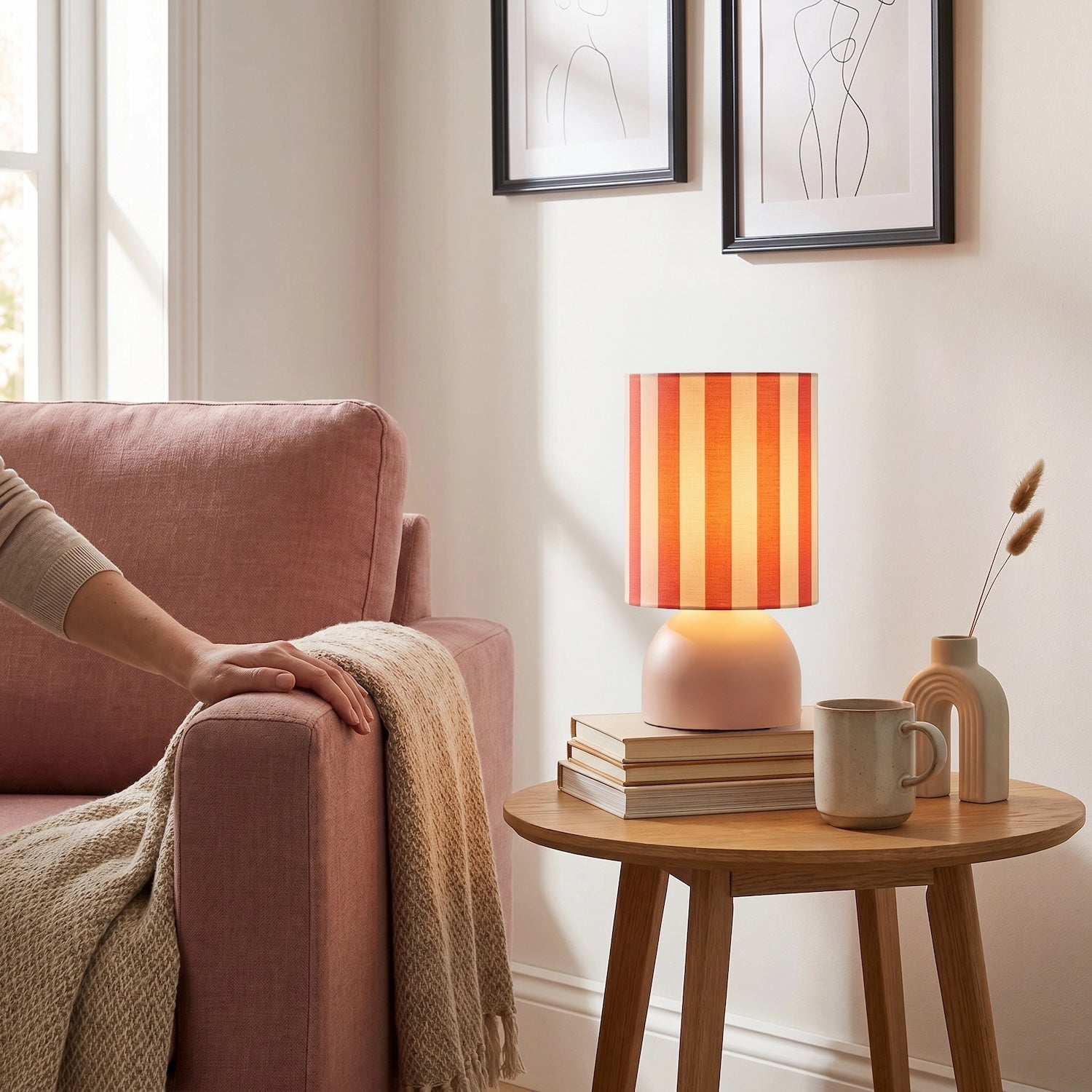 Chic Pastel Pink Domed Table Lamp with Vertically Striped Fabric Shade Image 6