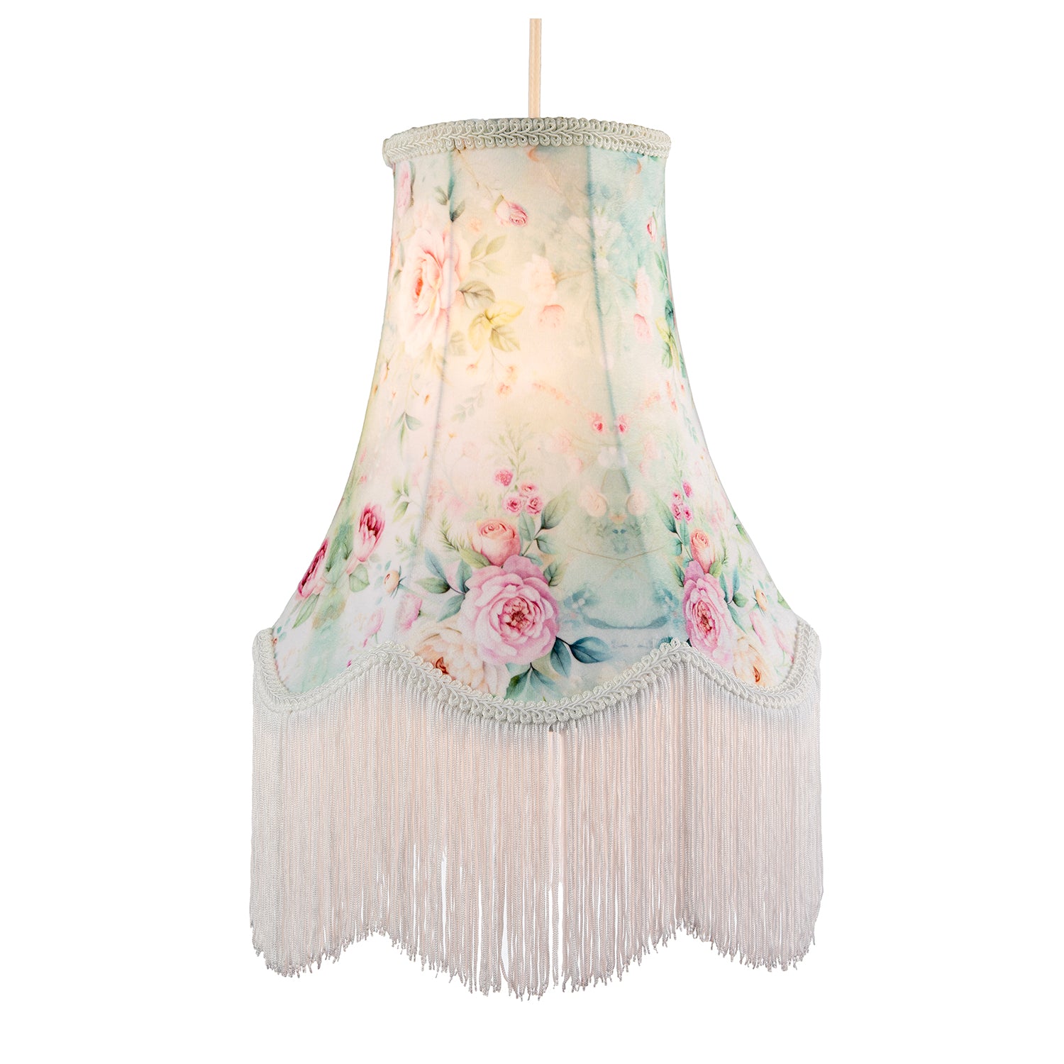 Victorian Styled Vintage Tall Teal and Green Lampshade with Pink Roses Image 2