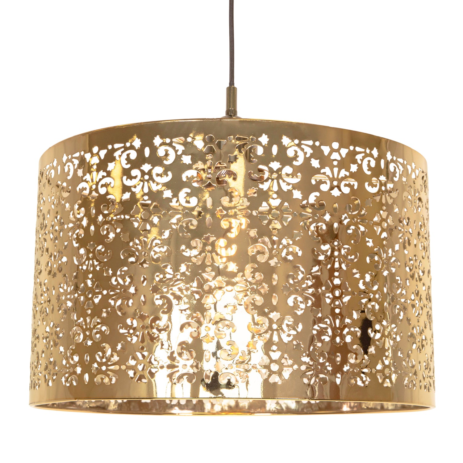 Moroccan Designed Large Gold Metal Pendant Shade with Floral Decor Image 1