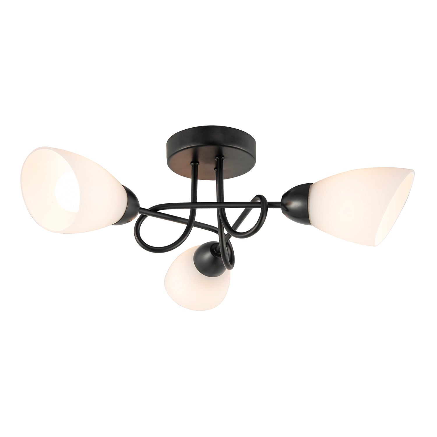 Modern Matte Black Ceiling Light Fitting with Curling Arms and Opal Glass Shades Image 1