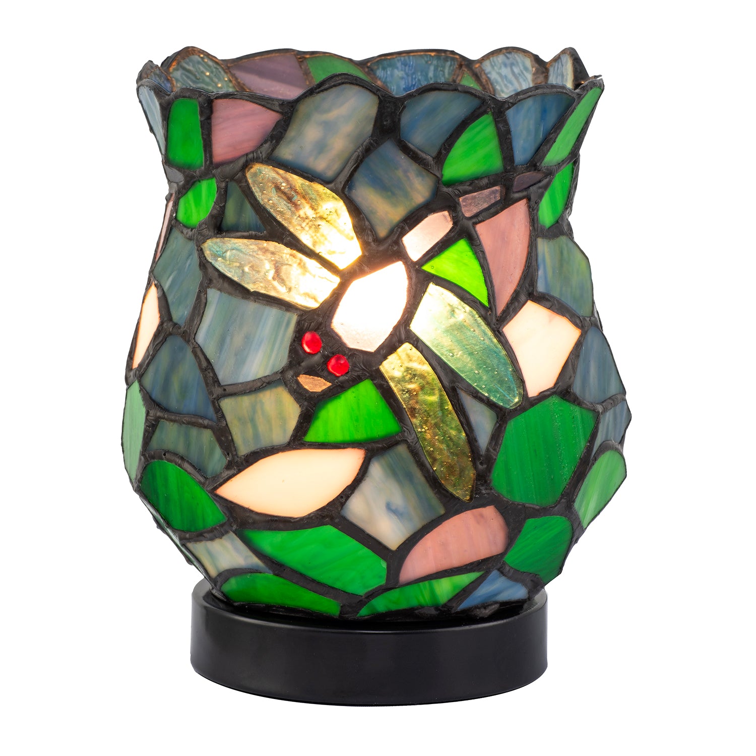 Dragonfly Themed Open Top Blue and Green Stained Glass Tiffany Lamp Image 2