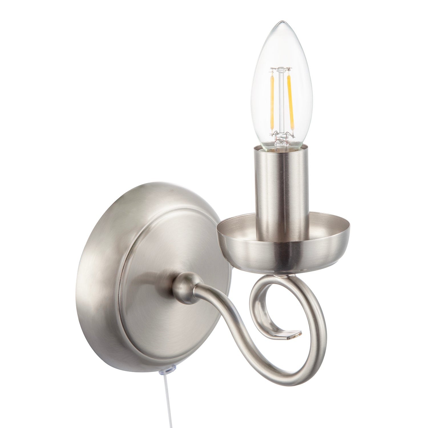 Traditional Satin Nickel Wall Light with Scroll Arm and Pull Switch Image 4