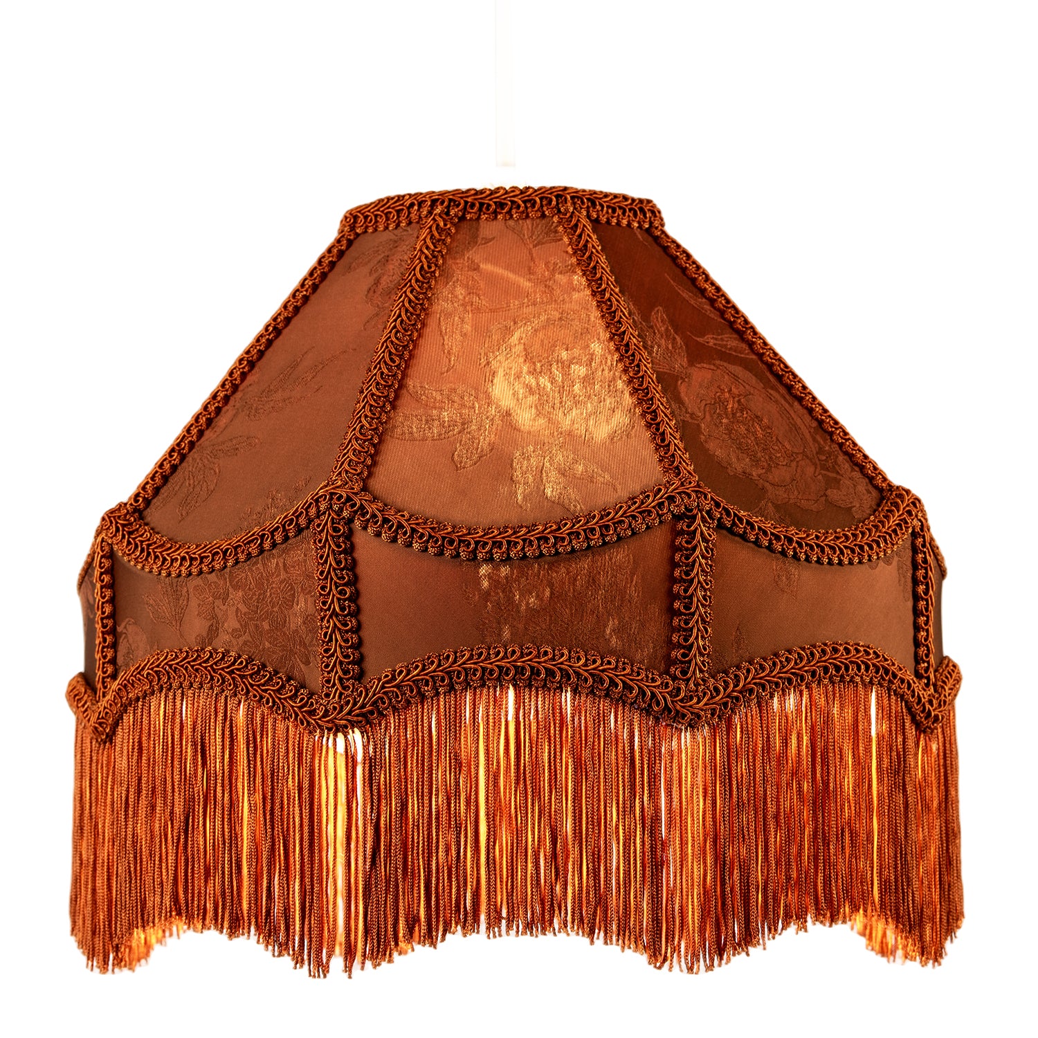 Brown Faux Silk Victorian Lampshade with Floral Decor and Long Tassels Image 2