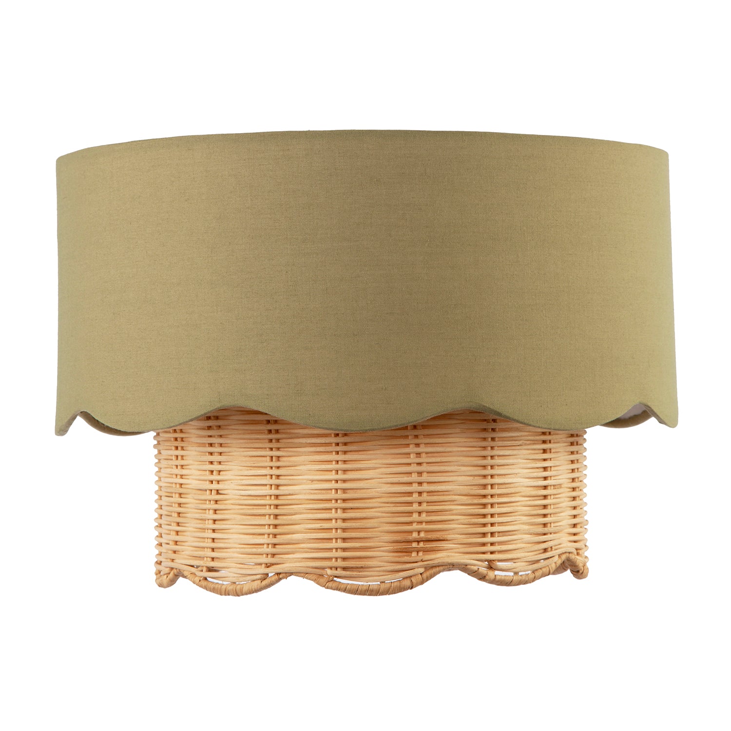 Dark Olive Linen Fabric and Natural Rattan Scallop Pendant Lamp Shade Image 1