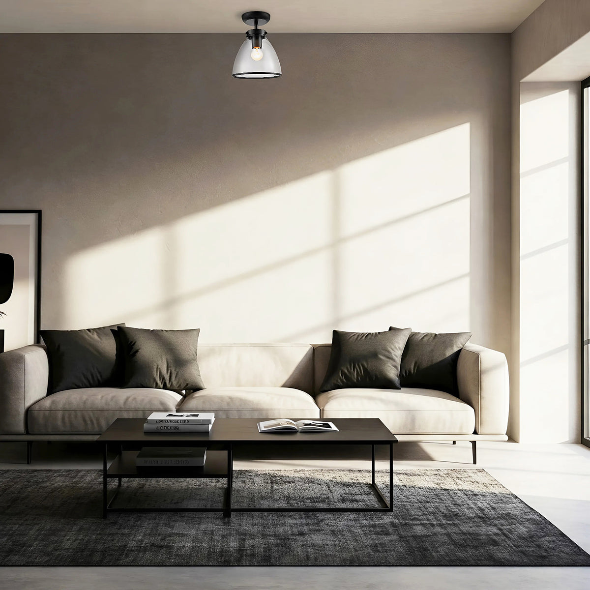 Industrial Style Matte Black Ceiling Lamp Fitting with Transparent Glass Shade Image 6