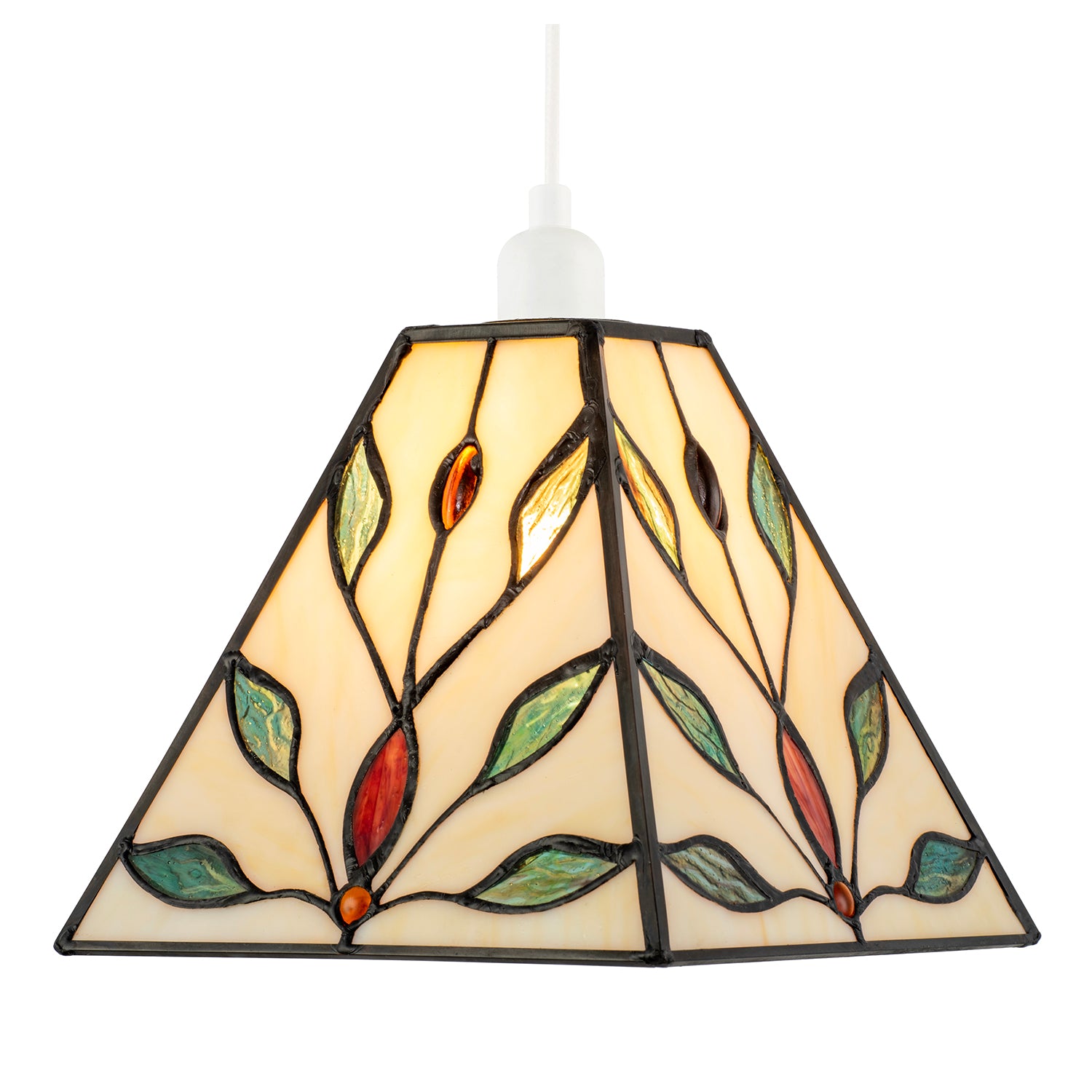 Square Tiffany Glass Pendant Light Shade with Emerald Green Leaves Image 2
