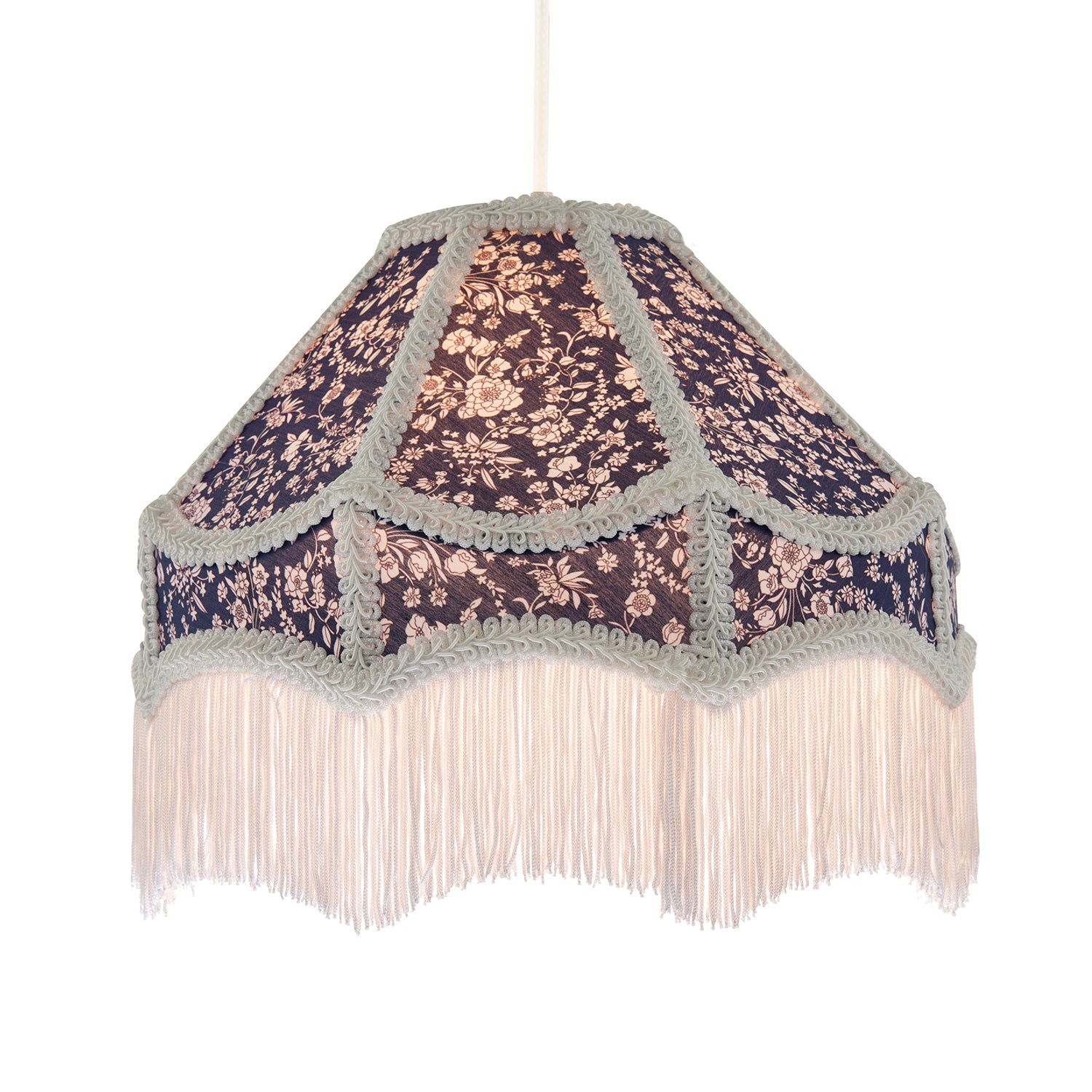 Classic Victorian Empire Lampshade in Navy Blue Cotton with Tassels Image 2
