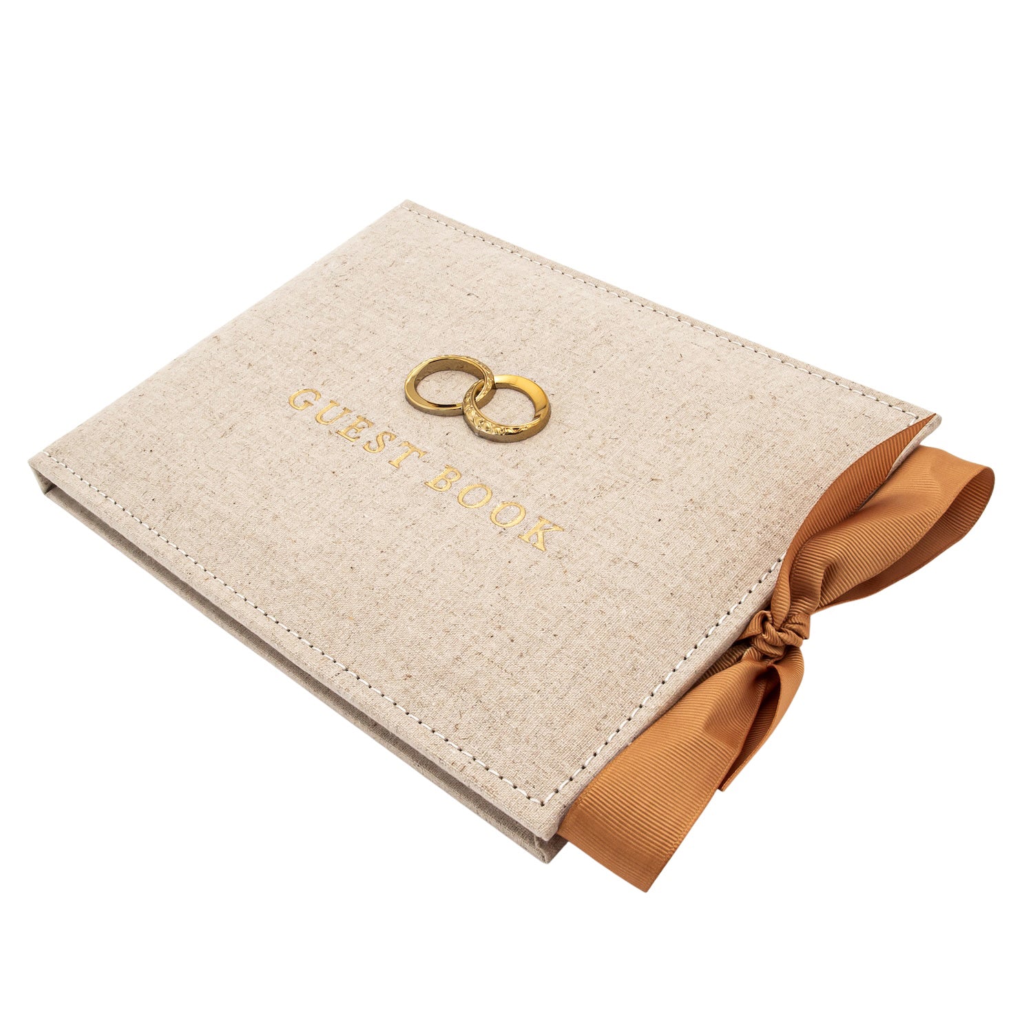 Natural Linen Fabric Wedding Day Guest Book with Shiny Gold Rings Image 2