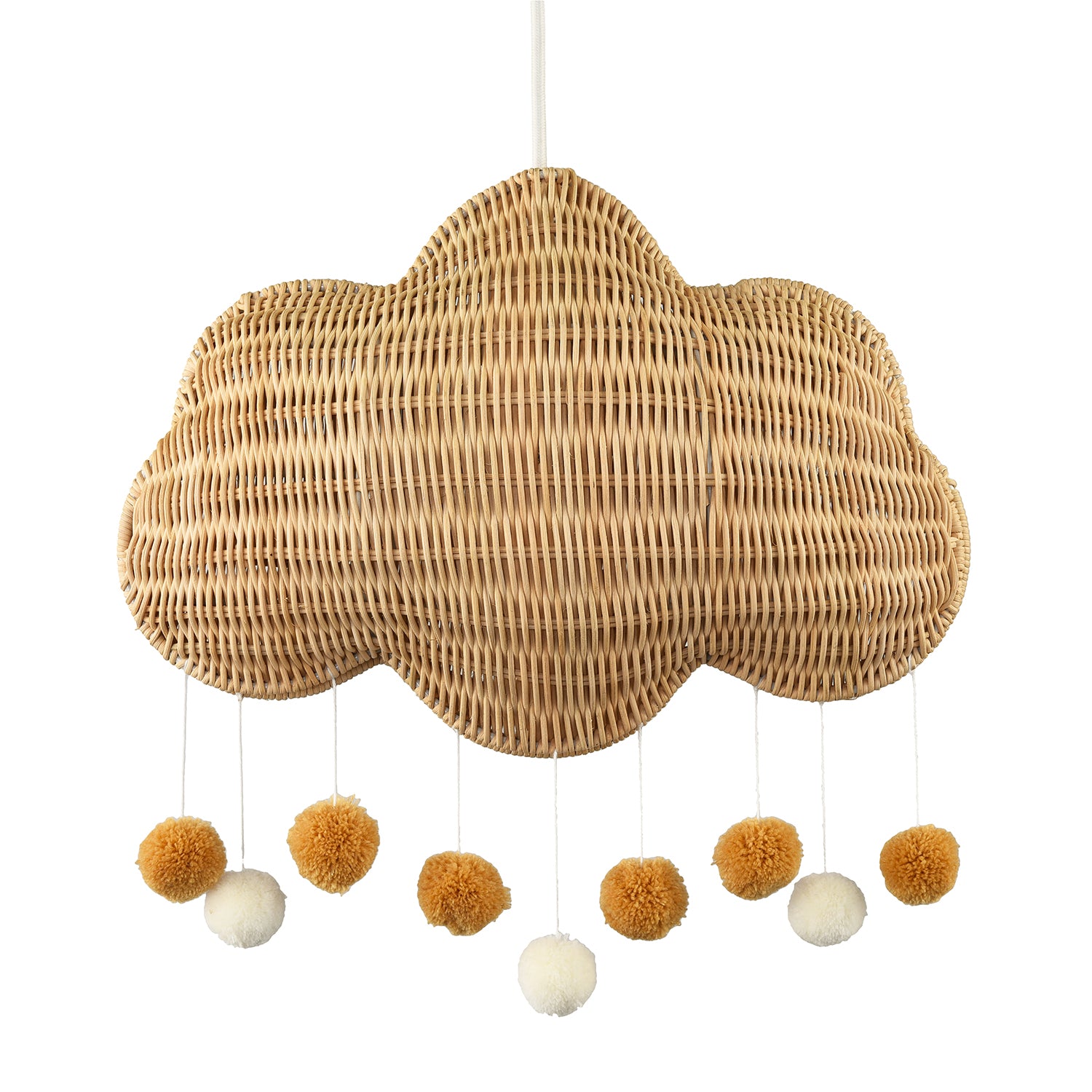 Cloud Shaped Childrens Rattan Pendant Light Shade with Pom Pom Balls Image 2