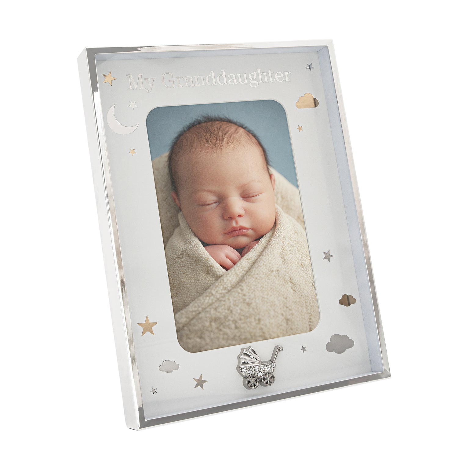 Granddaughter Silver 4x6 Frame with Gold and Silver Stars and Clouds Image 2