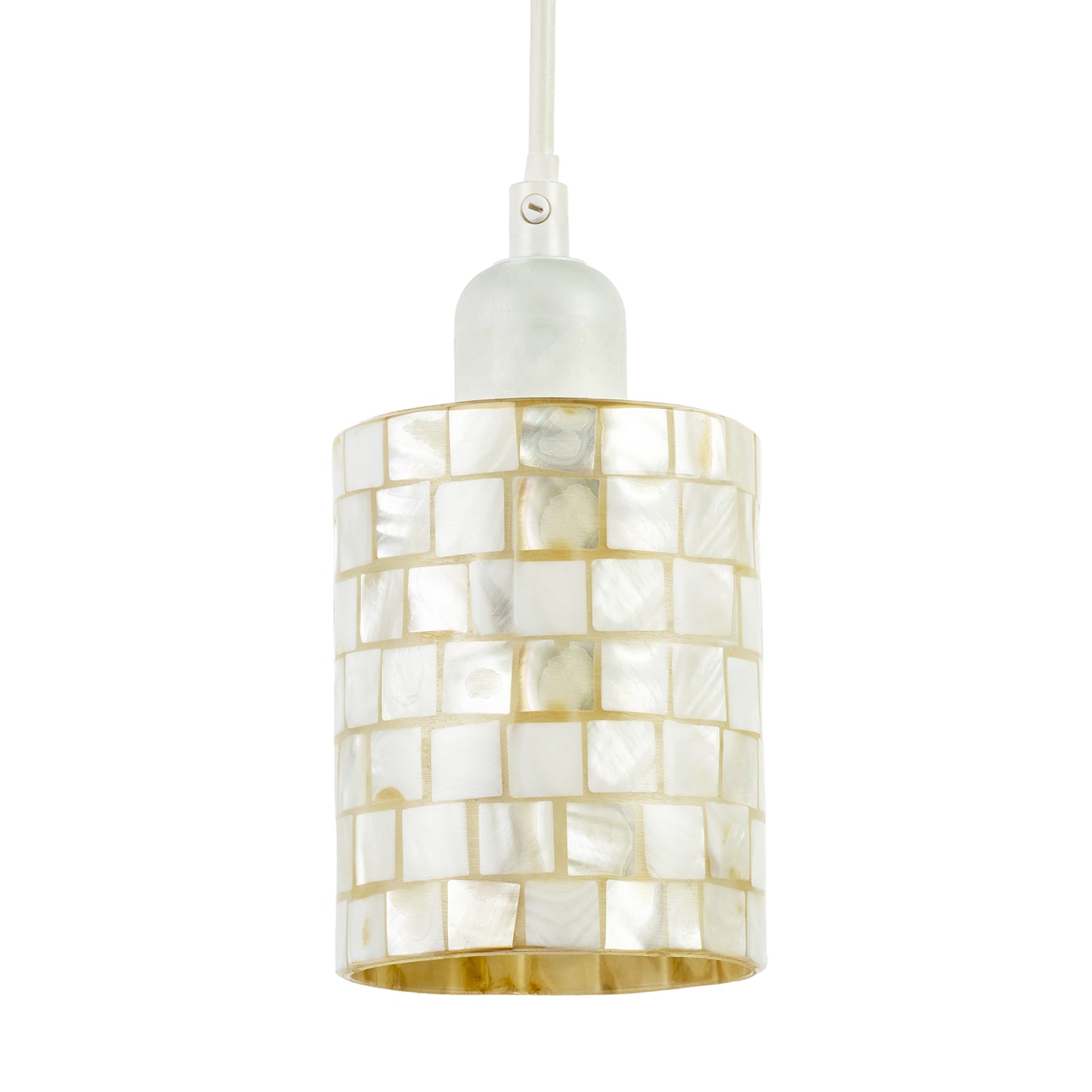 Modern Cylindrical Pendant Light Shade Mother of Pearl Style Mosaic Image 1