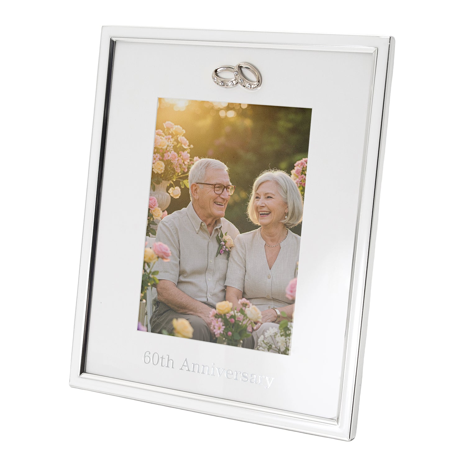 60th Anniversary Silver Plated 5x7 Picture Frame with Double Diamante Rings Image 2