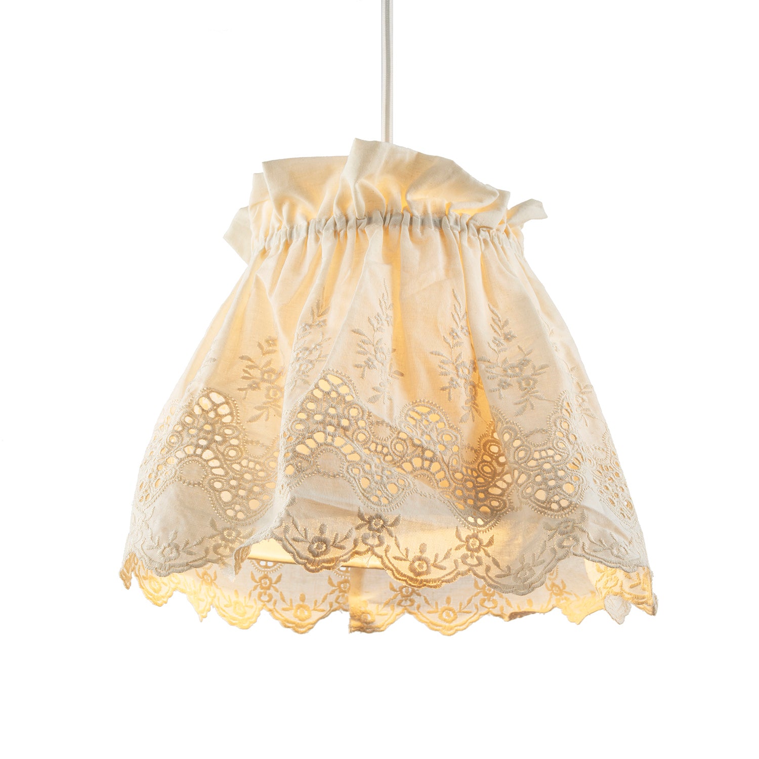Modern Cream Cotton Fabric Pendant Lamp Shade with Floral Lace Design Image 1