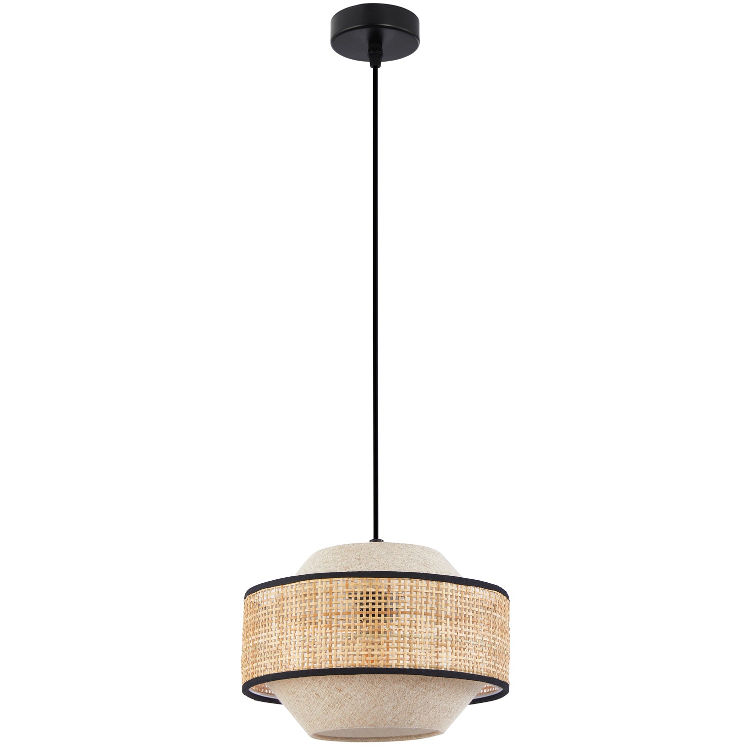 Natural Linen and Woven Rattan Pendant Ceiling Light with Black Trim and Cable Image 1