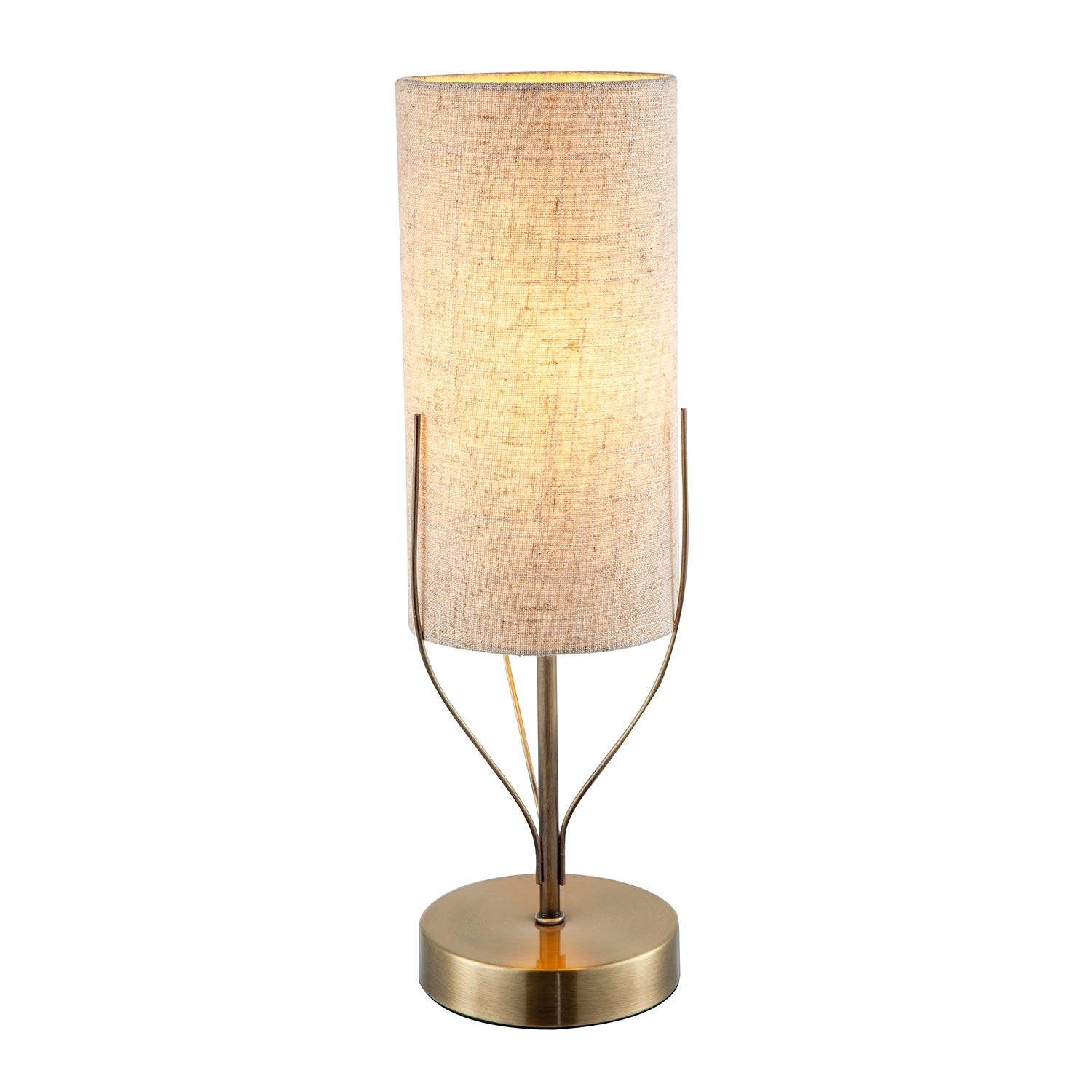Sleek Antique Brass Metal Table Lamp with Cylindrical Linen Shade Image 1