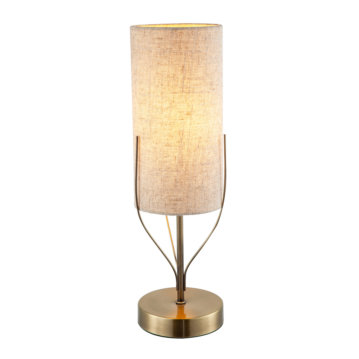Sleek Antique Brass Metal Table Lamp with Cylindrical Linen Shade Image 1