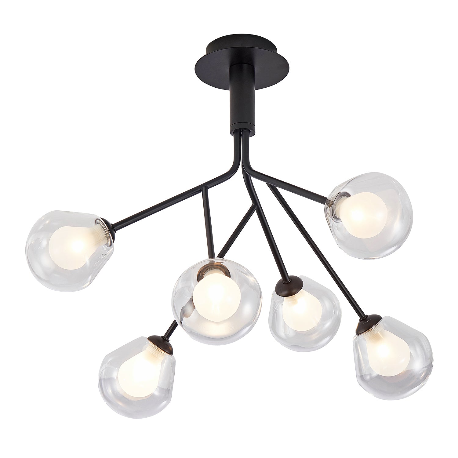 Modern Designer Matte Black 6-Arm Ceiling Light with Opal and Clear Glass Shades Image 1