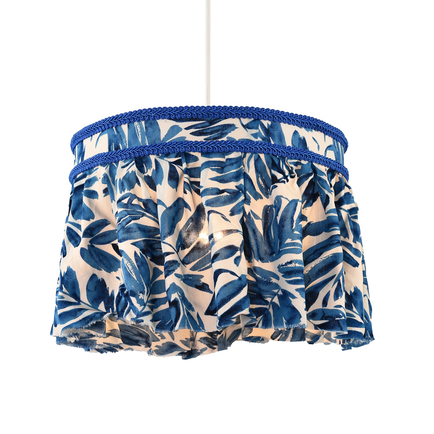 Hanging Cotton Pendant Shade with Blue Print and Embroidered Trims Image 1