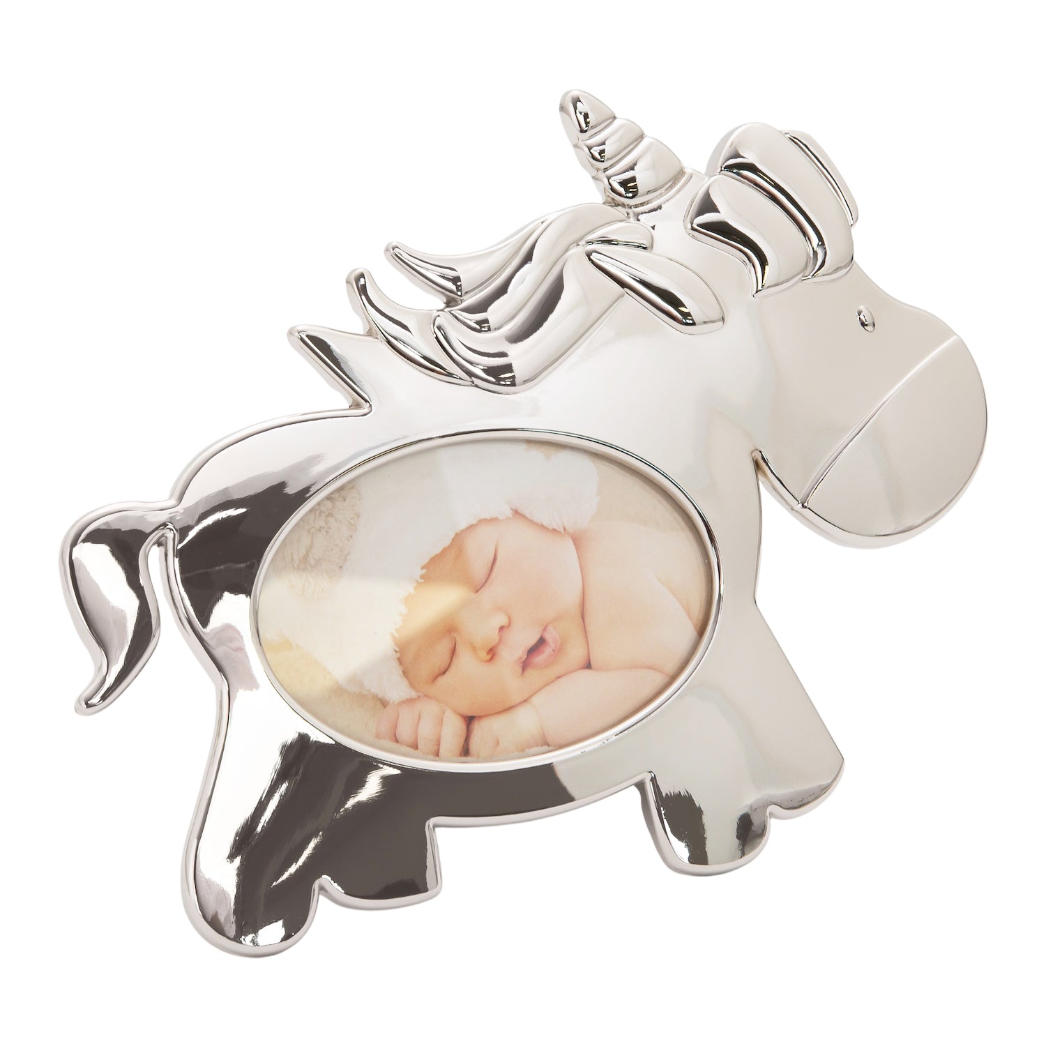Cute Unicorn Themed Shiny Nickel Plated Metal Baby Oval Picture Frame Image 2