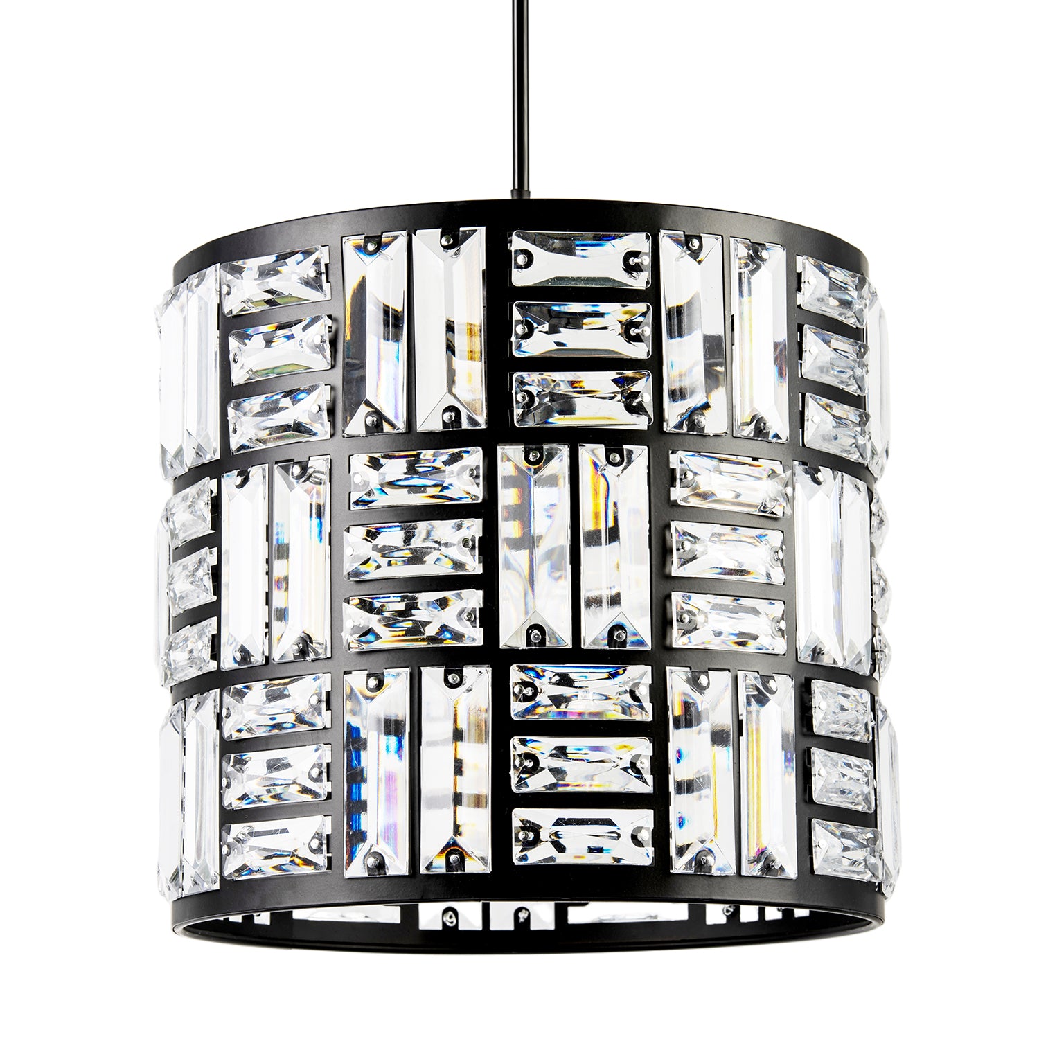 Modern Circular Drum Matte Black Pendant Shade with Clear Acrylic Rods Image 1