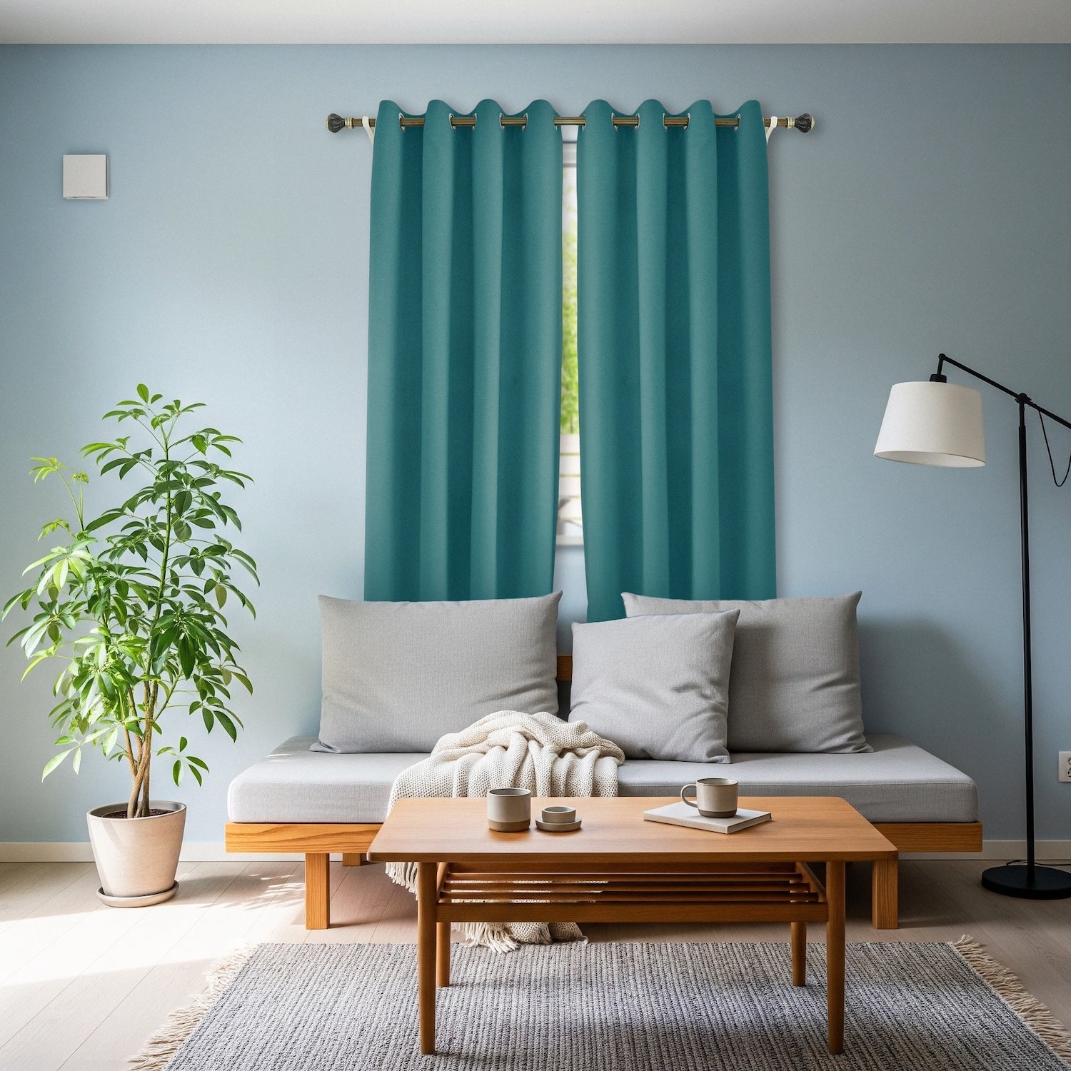 Teal Linen Fabric Blackout Eyelet Curtains - 46x54 Inch Drop - 2 Panel Image 6