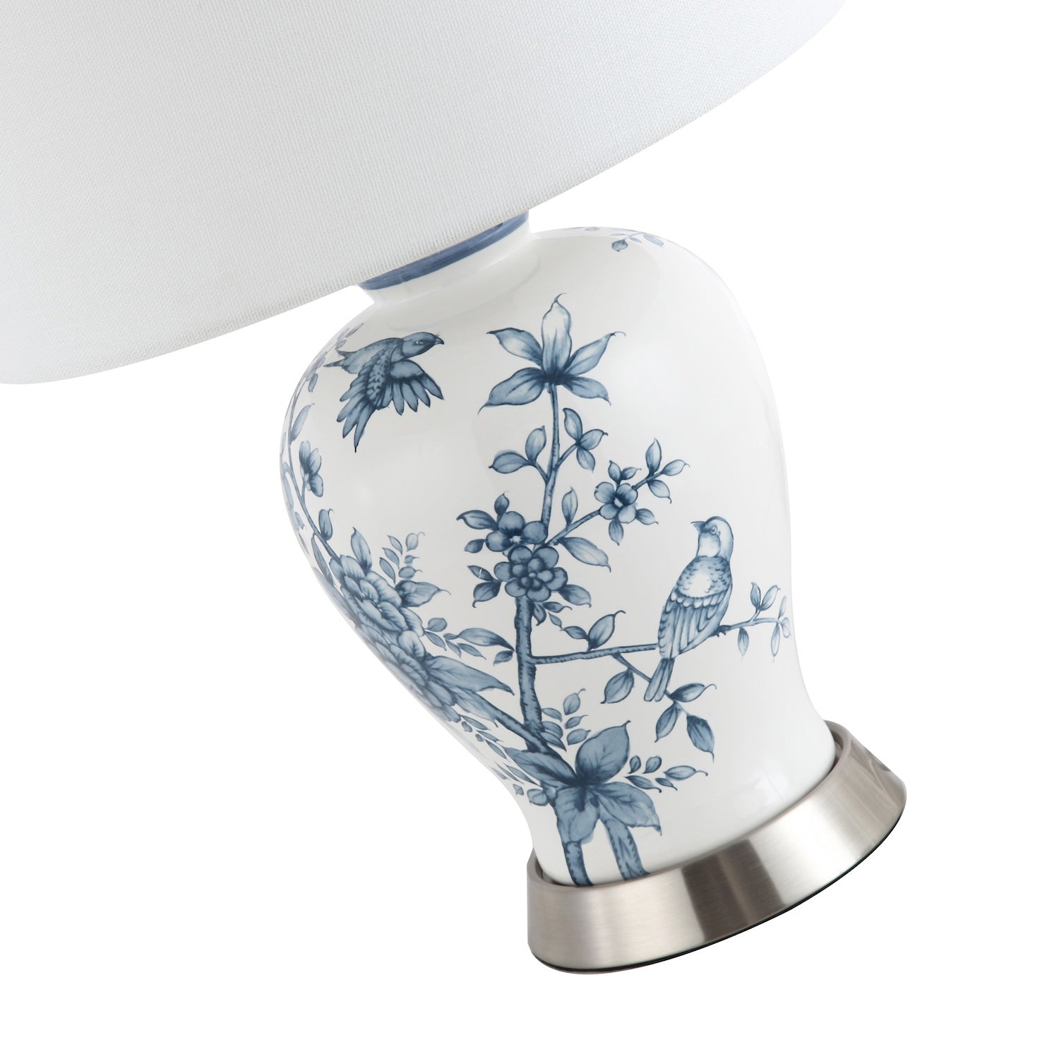 Traditional White Gloss Ceramic Lamp Base with Navy Blue Floral and Bird Decor Image 4