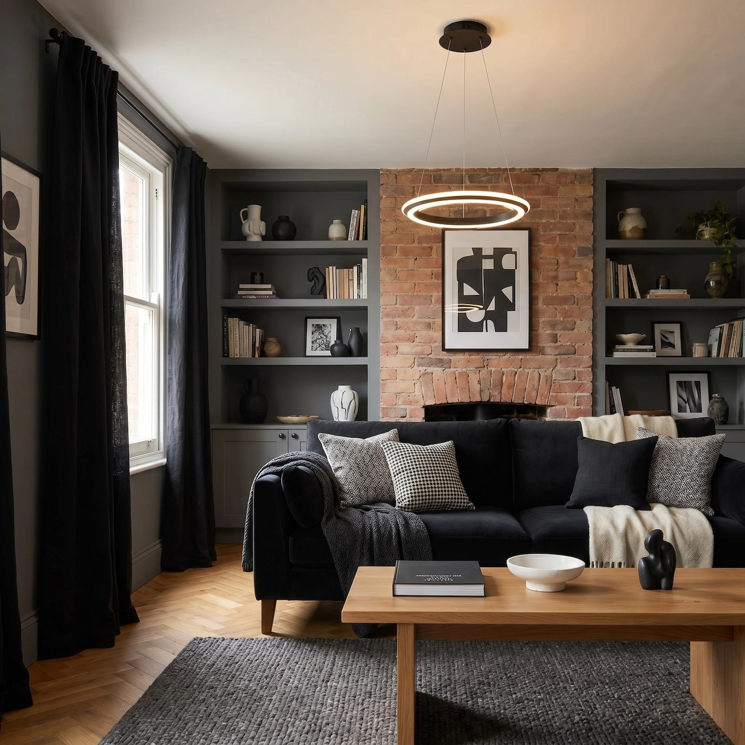 Modern LED Circular Halo Pendant Light Fitting in Matte Sand Black Image 6