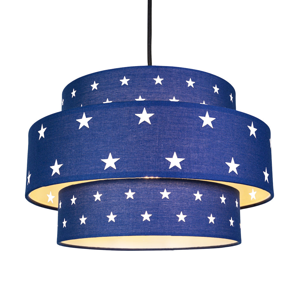 Triple Tier Midnight Blue Cotton Fabric Childrens Pendant Shade with Stars Decor Image 2