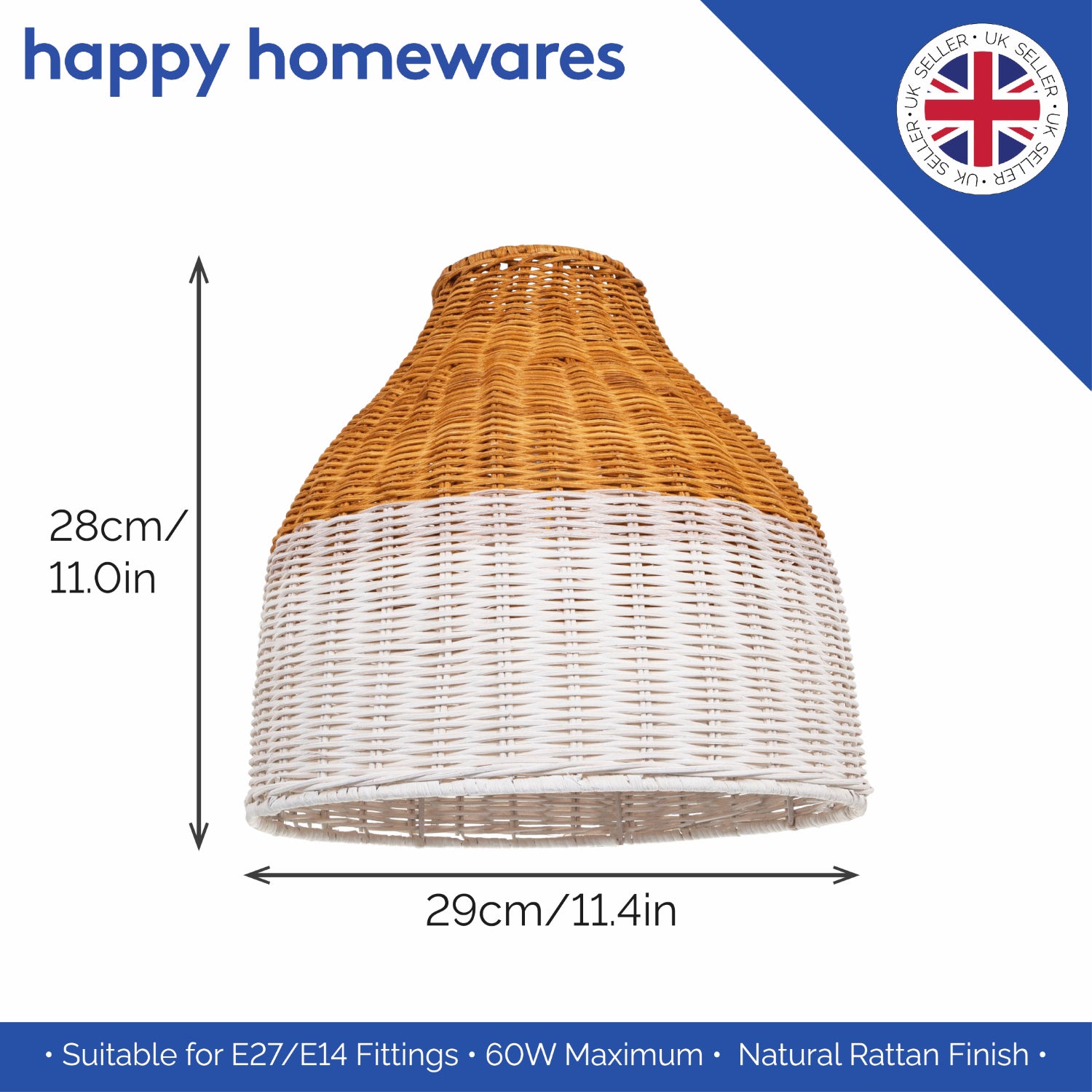 Traditional Two-Tone Washed White and Teak Wood Effect Rattan Pendant Lamp Shade Image 6