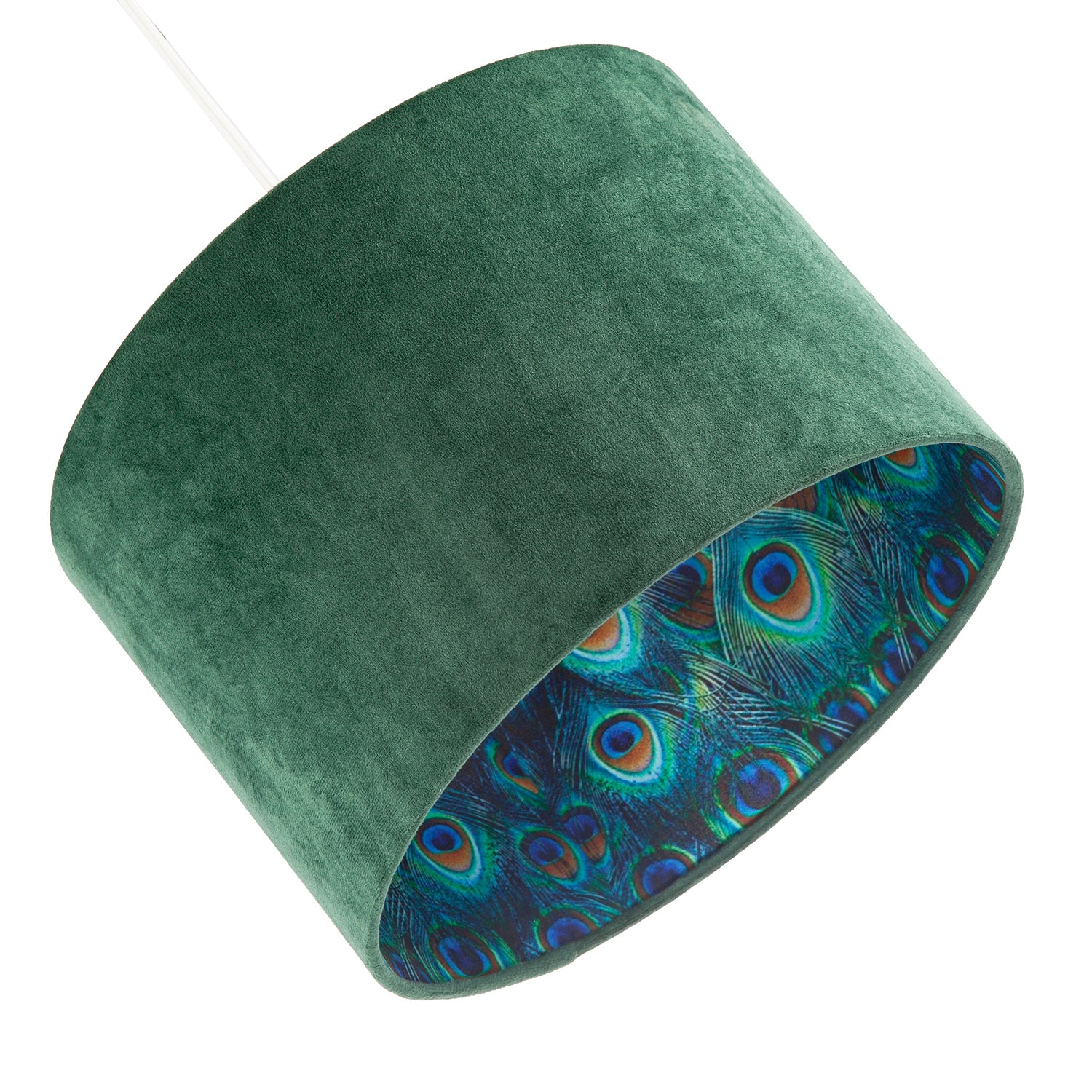 Forest Green Velvet Lamp Shade with Colourful Peacock Feather Inner Image 4