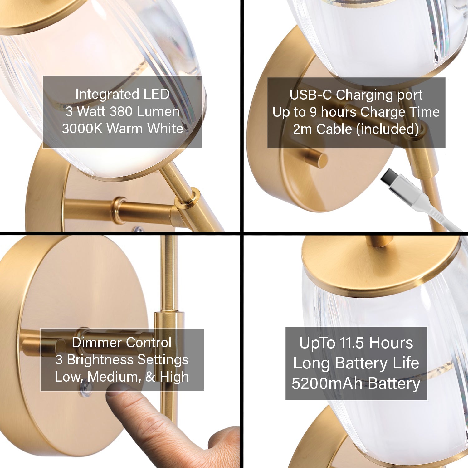 Satin Gold Wireless Rechargeable Touch Dimmer Wall Light with Clear Glass Shade Image 4