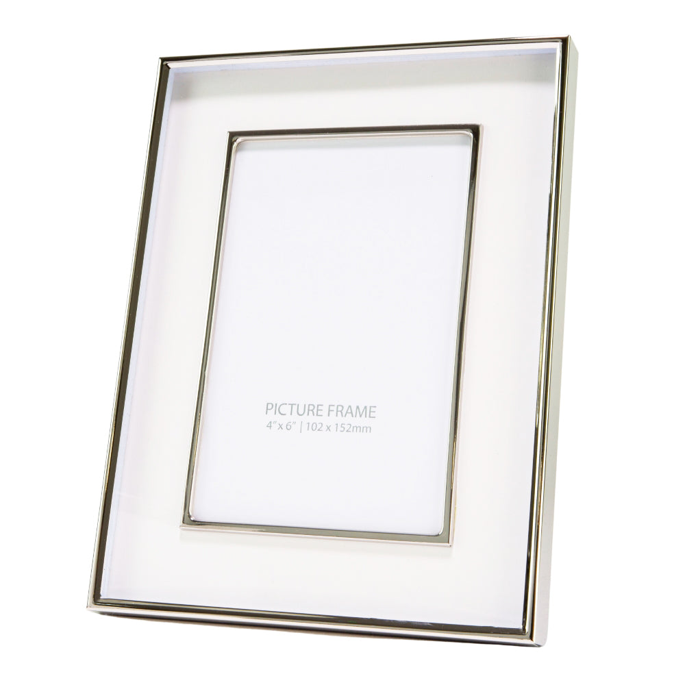 Contemporary Nickel Plated Double Trim 4x6 Picture Frame with White Gloss Border Image 1